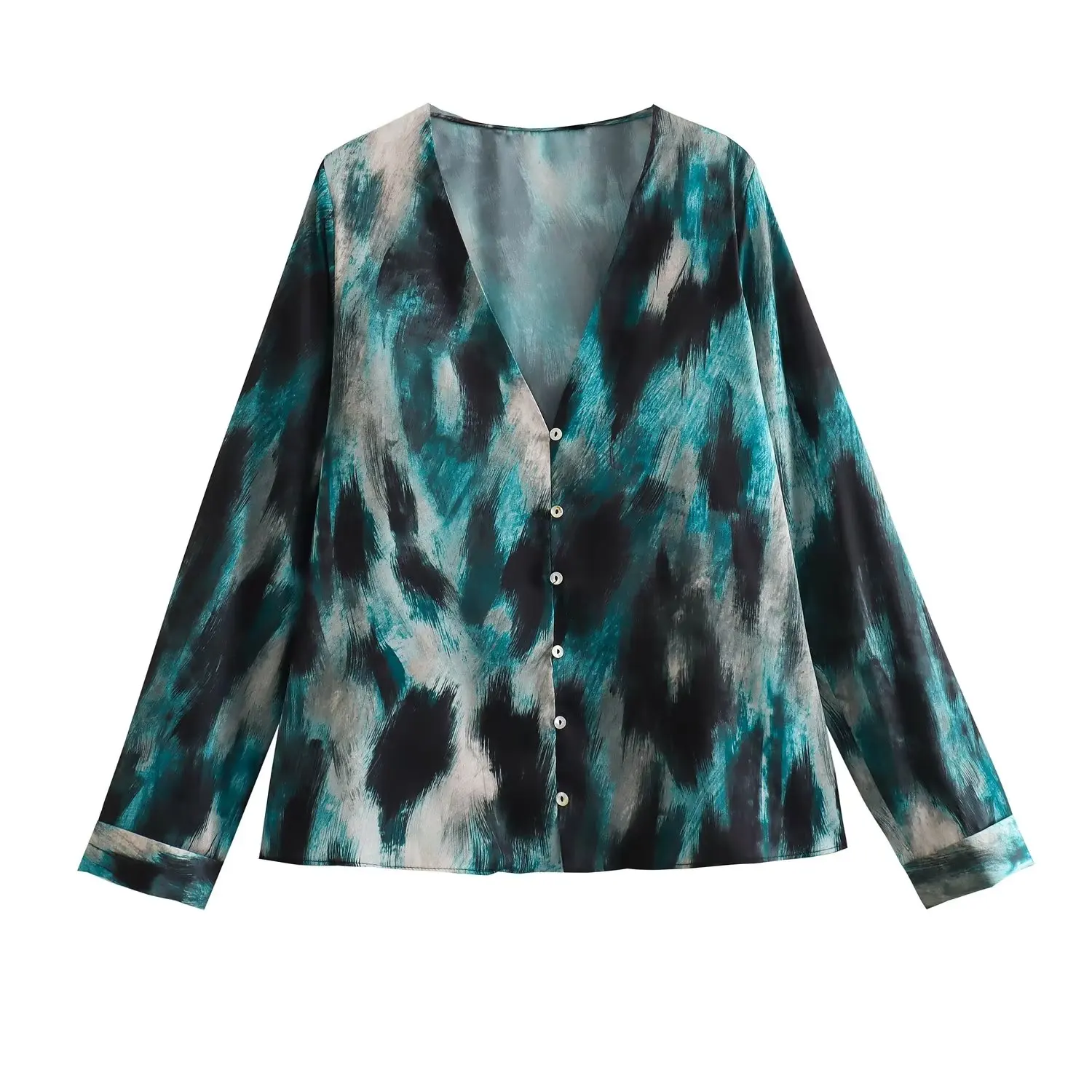 Printed Satin Long Sleeve Blouse & Midi Skirt Set a?? Abstract Print