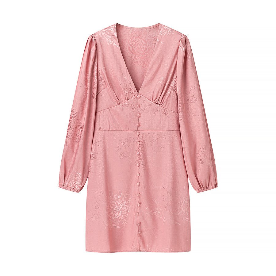 Pink V-Neck Button Dress a?? Long Sleeve Lantern Sleeve Mini Dress
