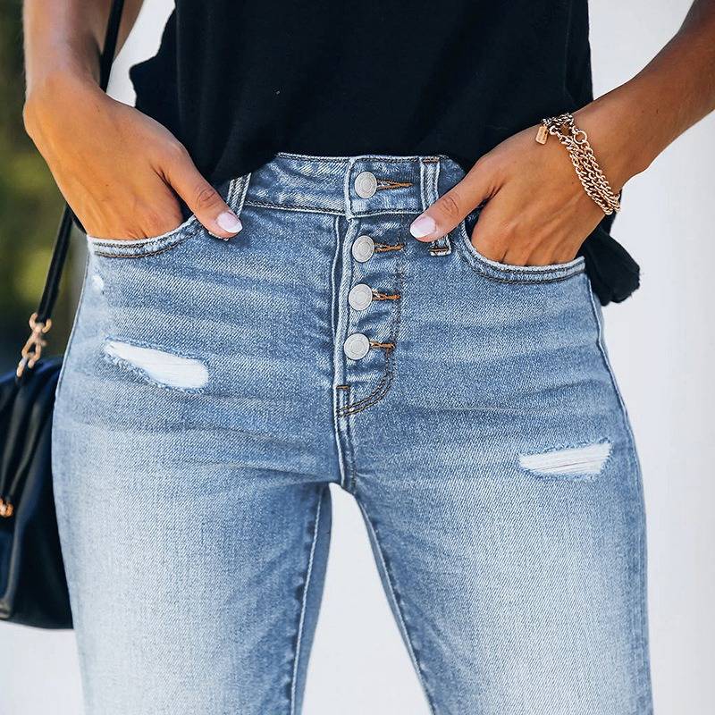 High-Waist Ripped Denim Jeans a?? Trendy Streetwear for Women