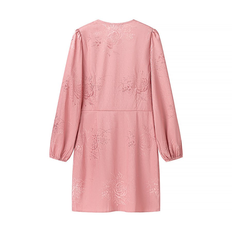 Pink V-Neck Button Dress a?? Long Sleeve Lantern Sleeve Mini Dress
