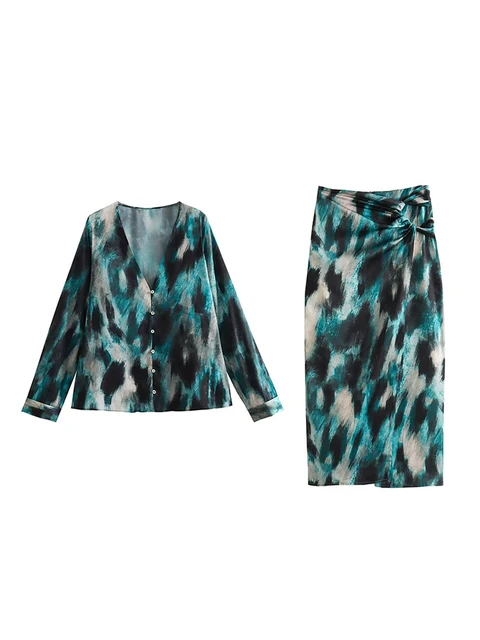 Printed Satin Long Sleeve Blouse & Midi Skirt Set a?? Abstract Print