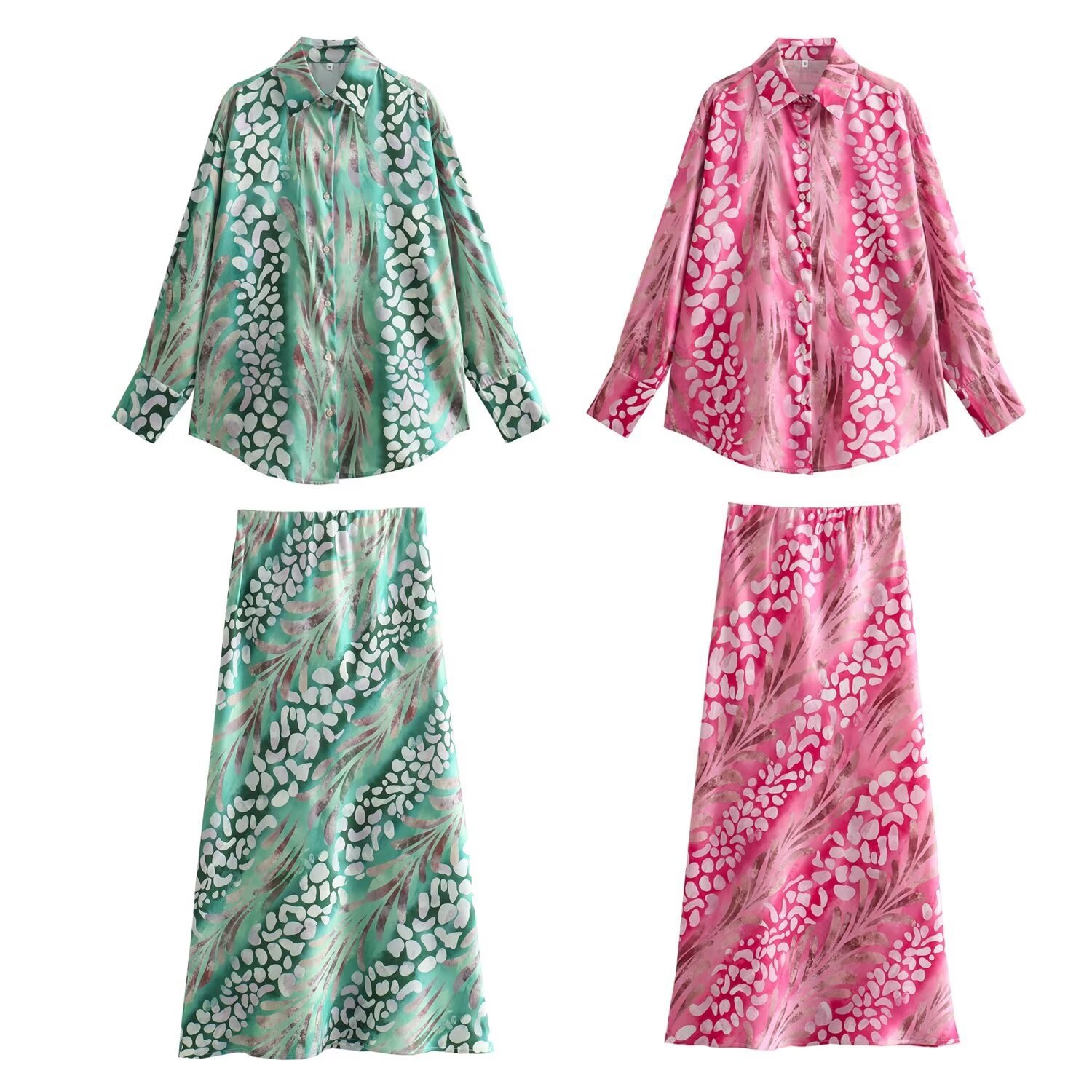 Satin Printed Top & Maxi Skirt Set a?? Long Sleeve 2-Piece Resort Set