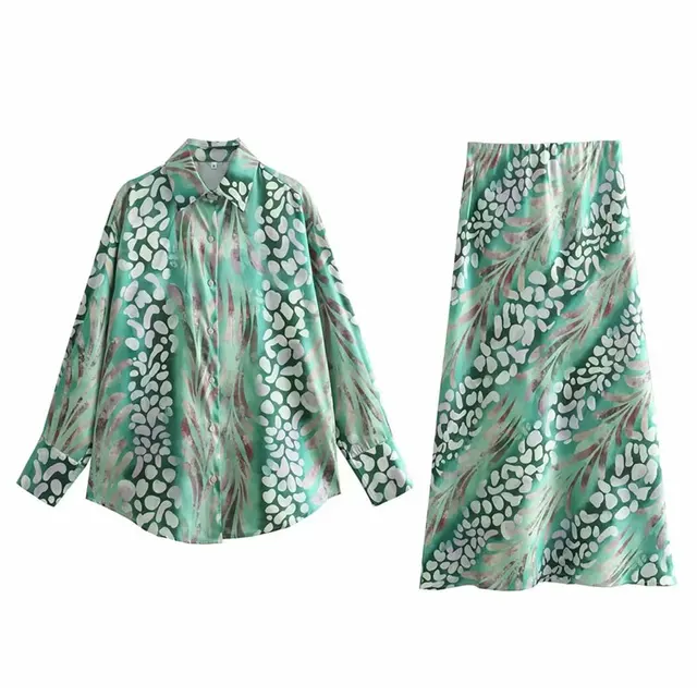 Satin Printed Top & Maxi Skirt Set a?? Long Sleeve 2-Piece Resort Set