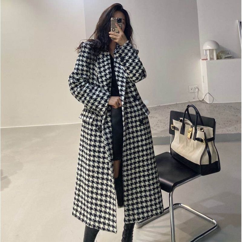 Classic Houndstooth Wool Coat a?? Long Vintage Trench Coat Windbreaker