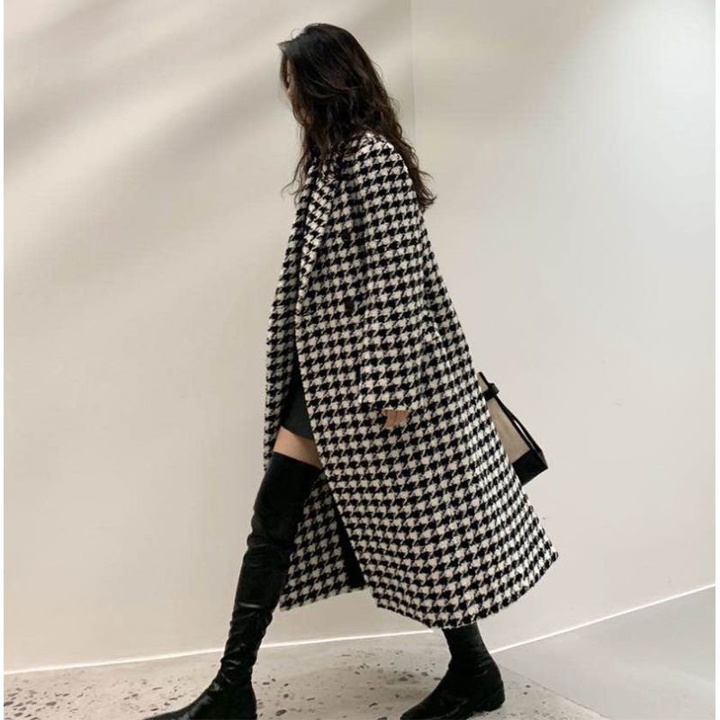 Classic Houndstooth Wool Coat �C Long Vintage Trench Coat Windbreaker