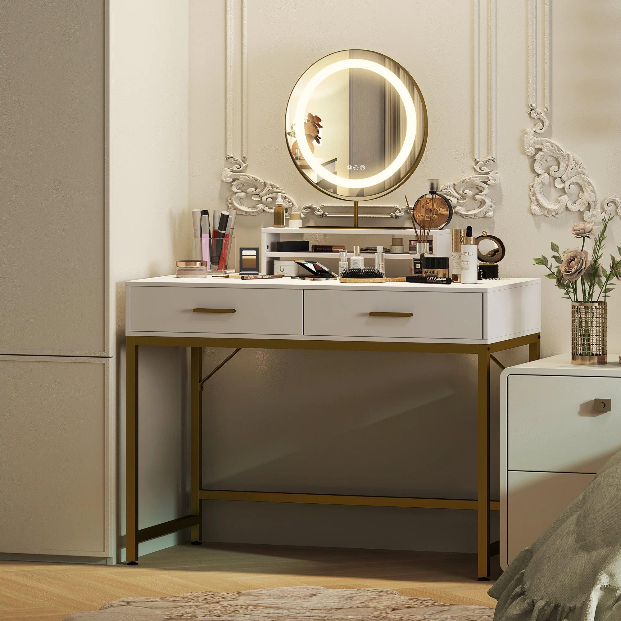 HOMCOM Schminktisch mit LED-Beleuchtung und 360° drehbarem Spiegel Weiß