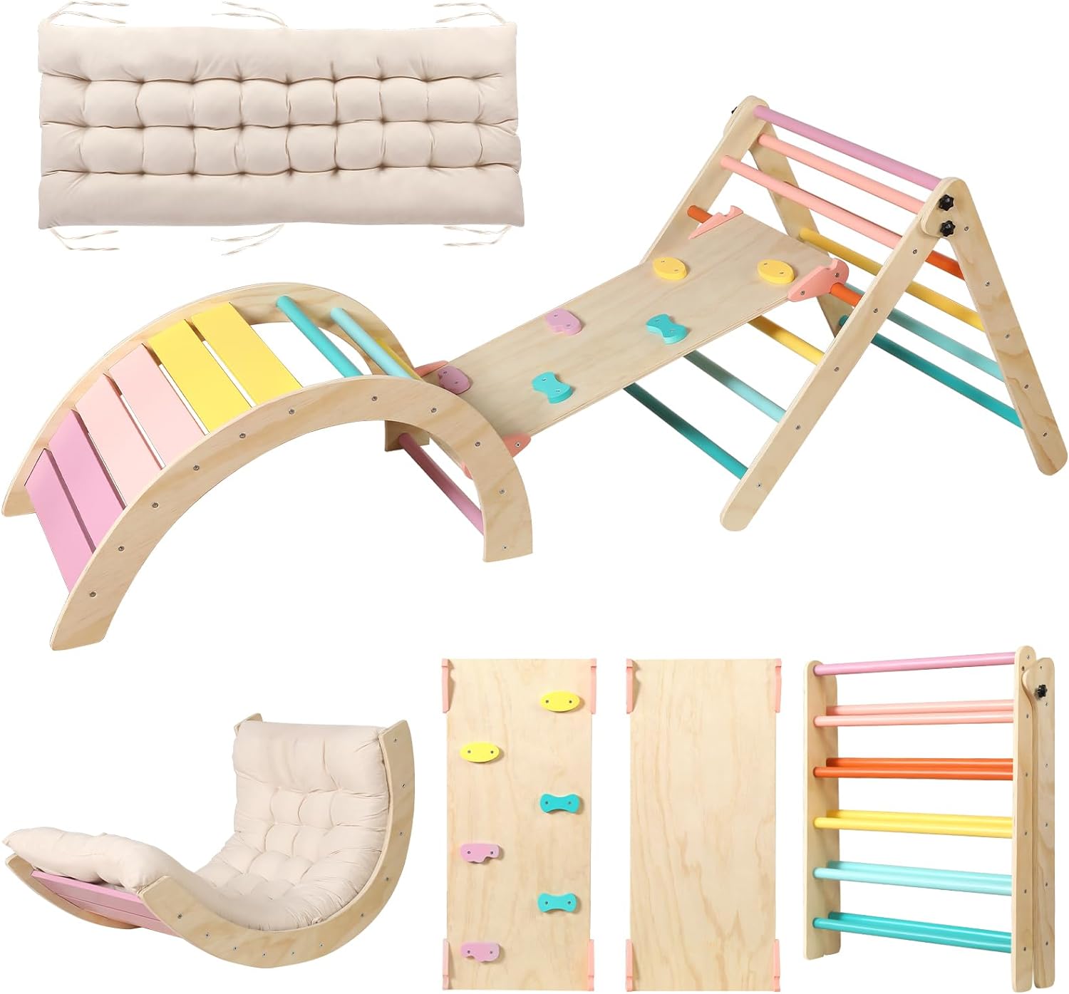 Dreieck-Set mit Kissen, 5-in-1 Montessori-Kletterset, faltbar, Kletter-Indoor-Spielplatz-Set für Kleinkinder, Holz-Kletterspielzeug mit Rampe und Kletterbogen für Kinder (Holzfarbe)