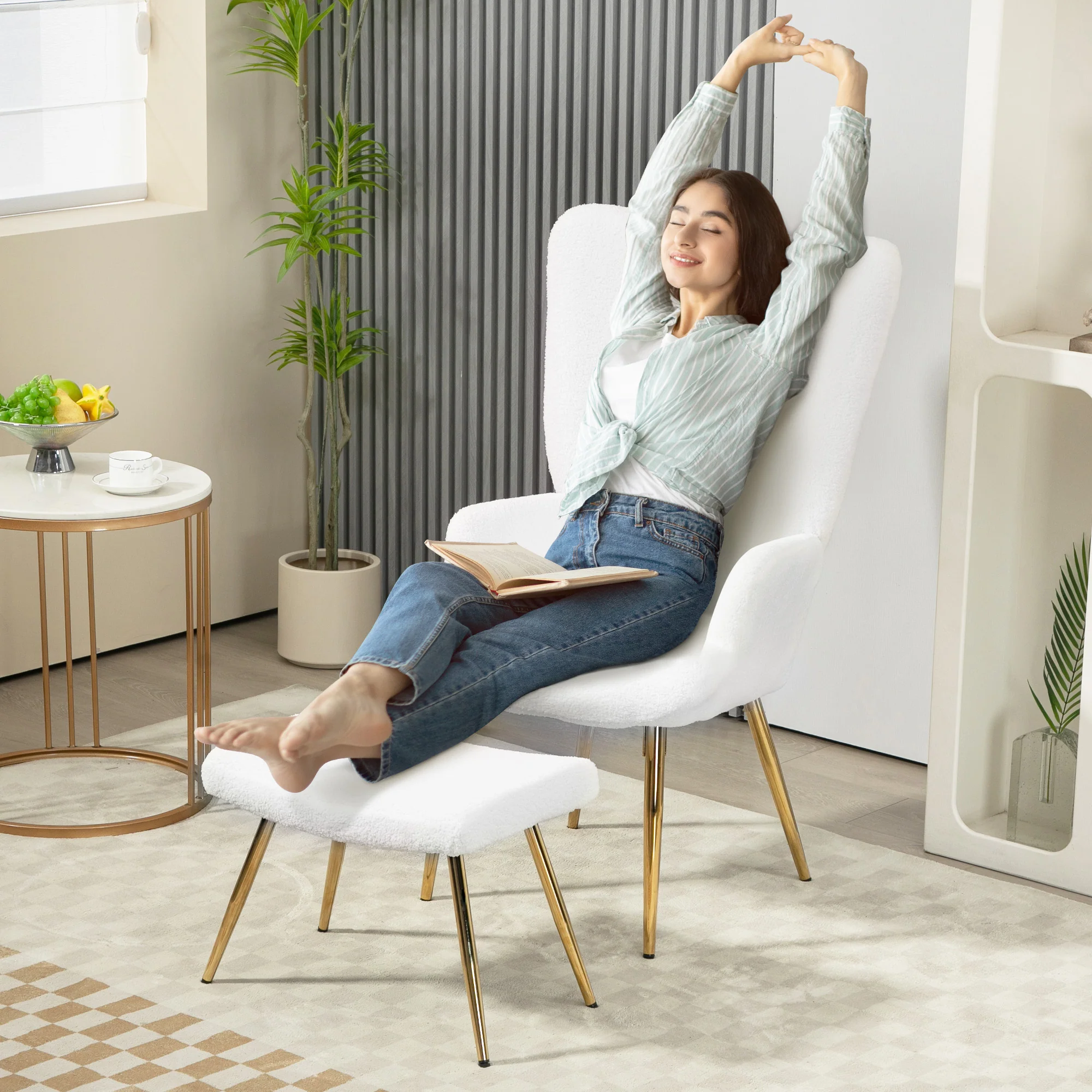 HOMCOM Relaxsessel mit Hocker Sherpa-Bezug weiß goldene Beine