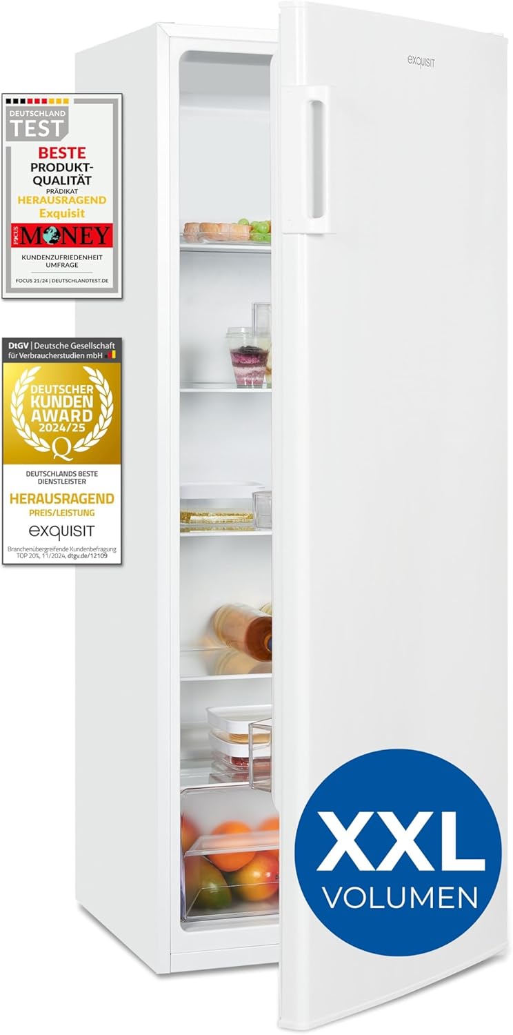 Exquisit Kühlschrank ohne Gefrierfach, Großer Kühlschrank, 5 Ablagen, 242 Liter, Vollraumkühlschrank 143 cm hoch, KS5320-V-H-040E weiss