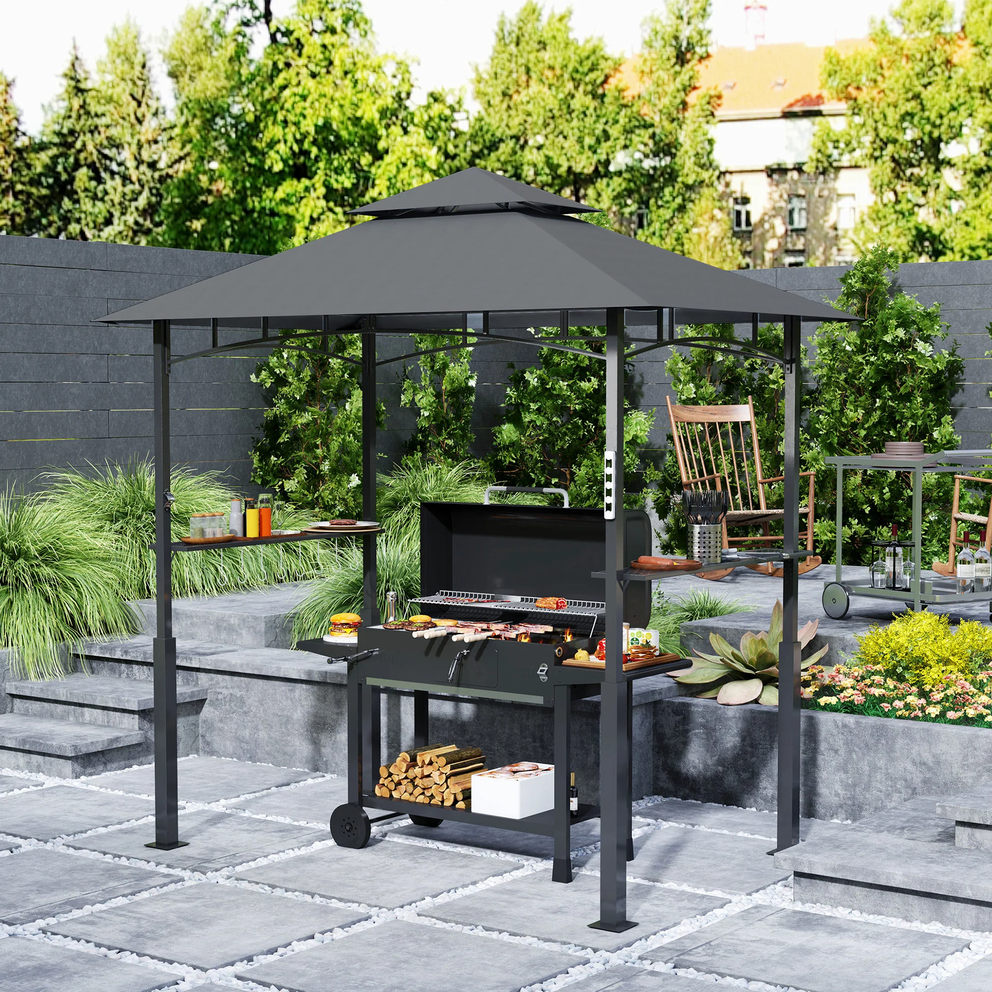 Outsunny Grillpavillon doppelschichtiges Vordach LED-Licht