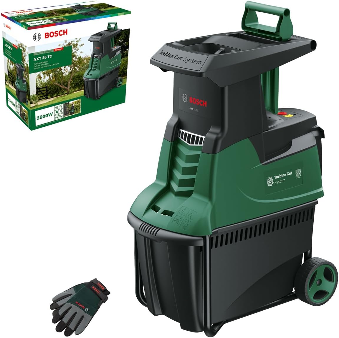 Bosch Turbinenhäcksler AXT 25 TC (2.500 W; geeignet für Holz und harte Gartenabfälle; inklusive Gartenhandschuhe; integrierte Fangbox 53 l; in Karton) – Edition