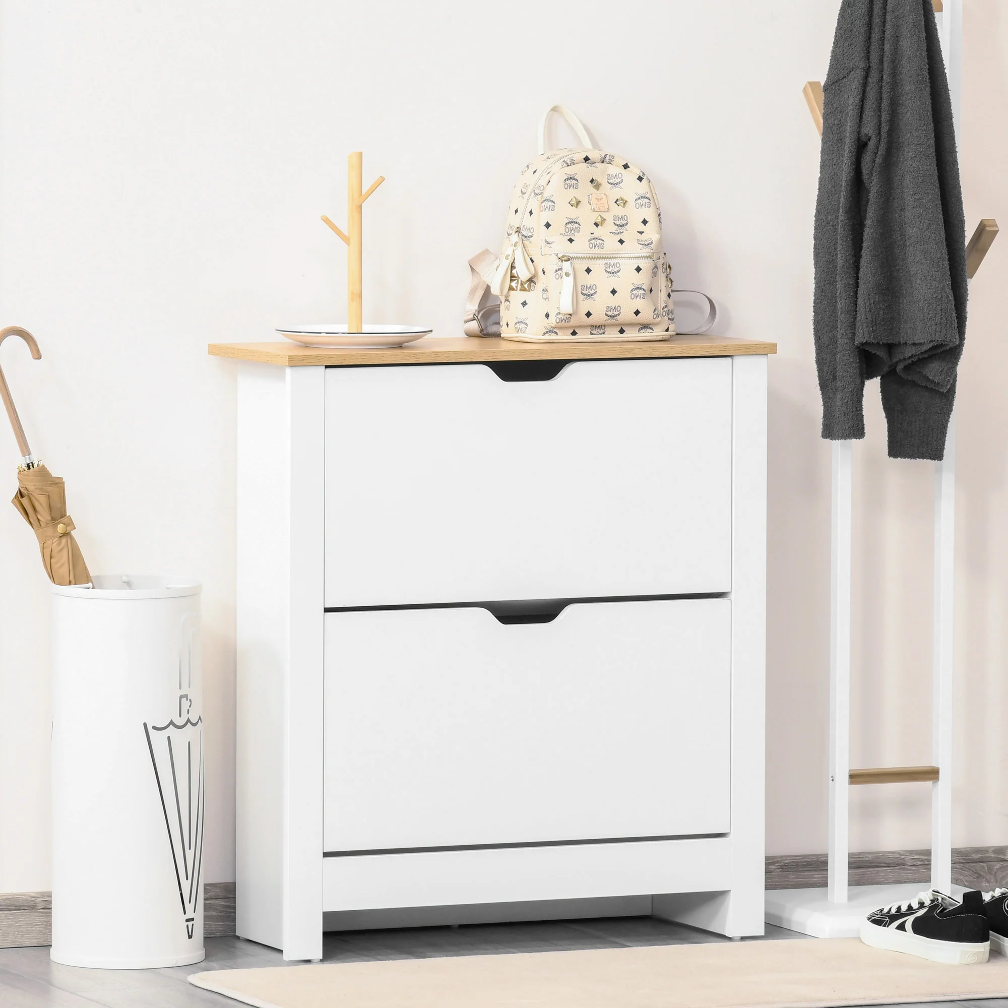 HOMCOM Schuhschrank 2 Klappen 12 Paar Schuhe Kippschutz Weiß