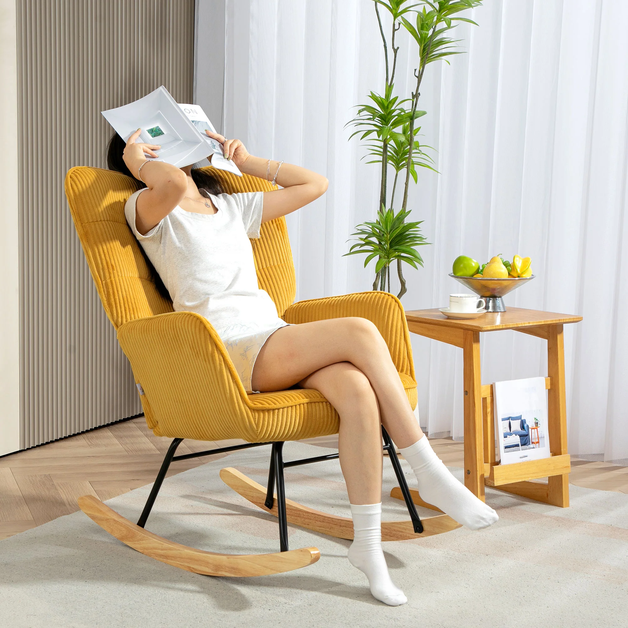 HOMCOM Schaukelstuhl Wohnzimmer Kord-Polsterung Schaukelfunktion