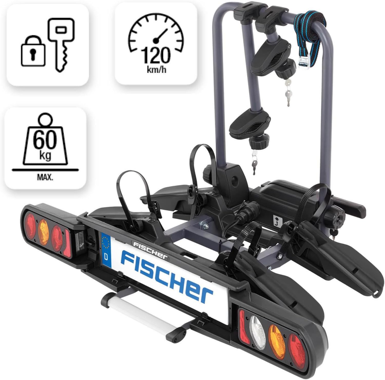 Fischer Kupplungs-Fahrradträger ProlineEvo 2, für 2 Fahrräder bis 60kg Nutzlast, E-Bike geeignet, vormontiert, abschließbar, faltbar