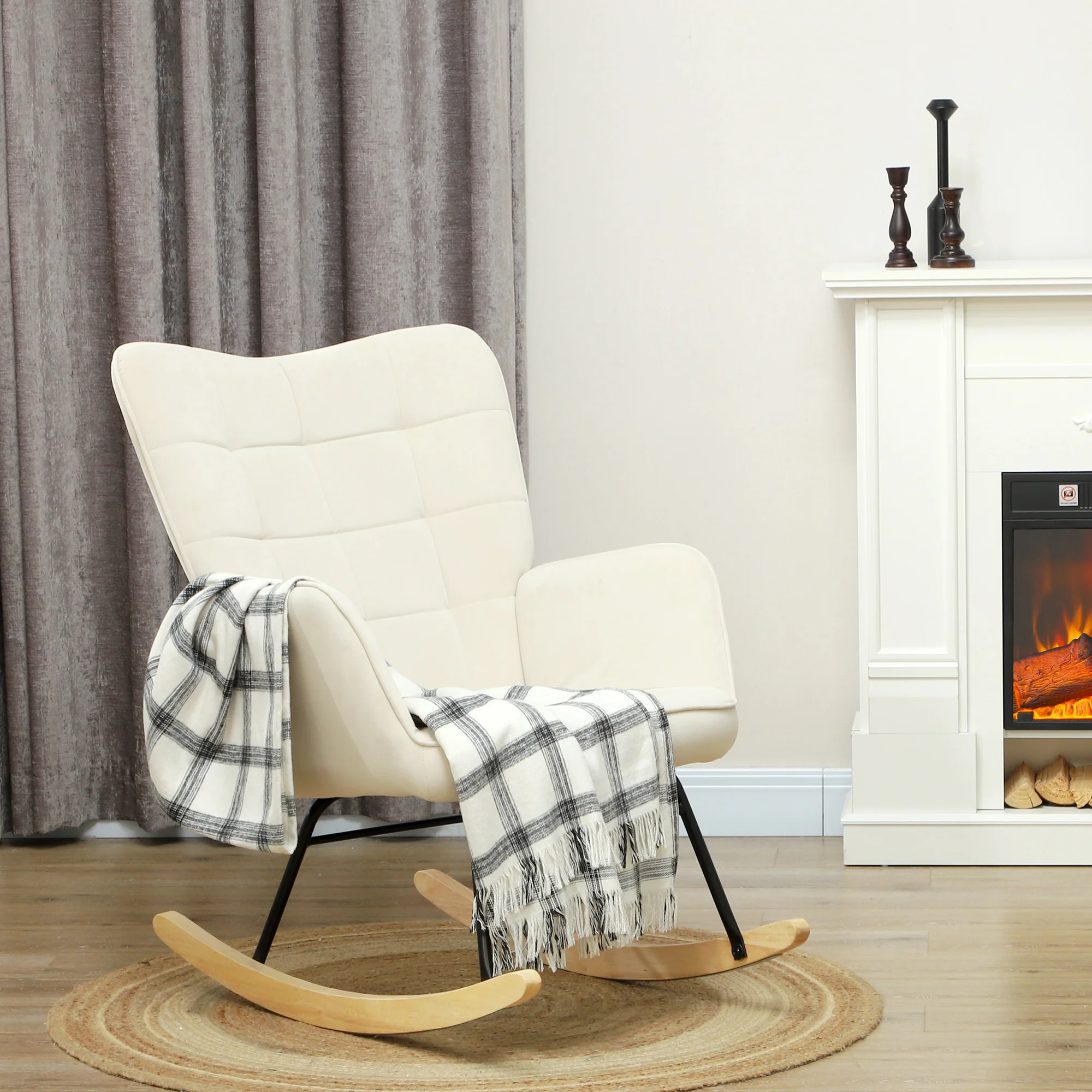 HOMCOM Schaukelstuhl Samtoptik Holzkufen Elegantes Design Beige