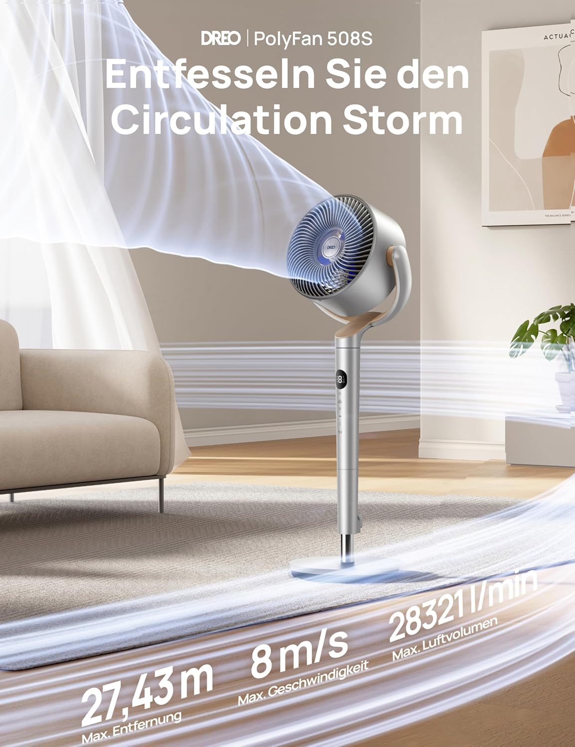 Dreo Smart Standventilator mit RGB Light, 120° +120° Oszillierender Ventilator mit Fernbedienung, 20dB Leiser Bodenventilator für Schlafzimmer, 8H Timer, Silber