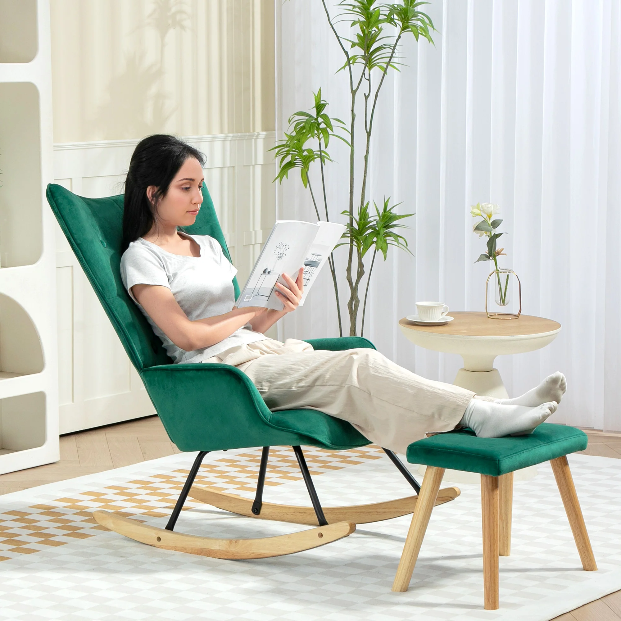 HOMCOM Relaxsessel mit Hocker Schaukelstuhl Set Samt grün