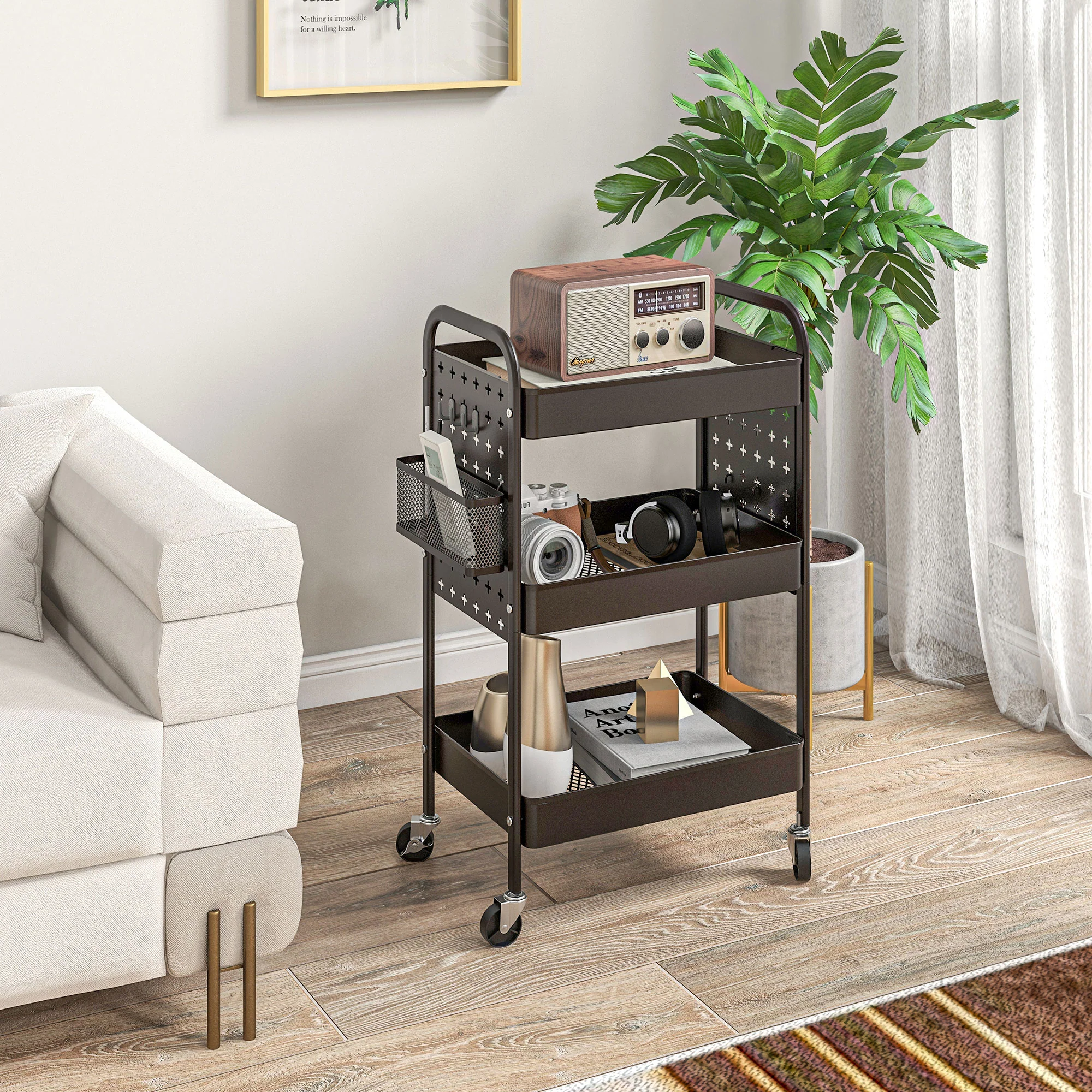 HOMCOM Servierwagen Küchenwagen mit Rollen und Haken