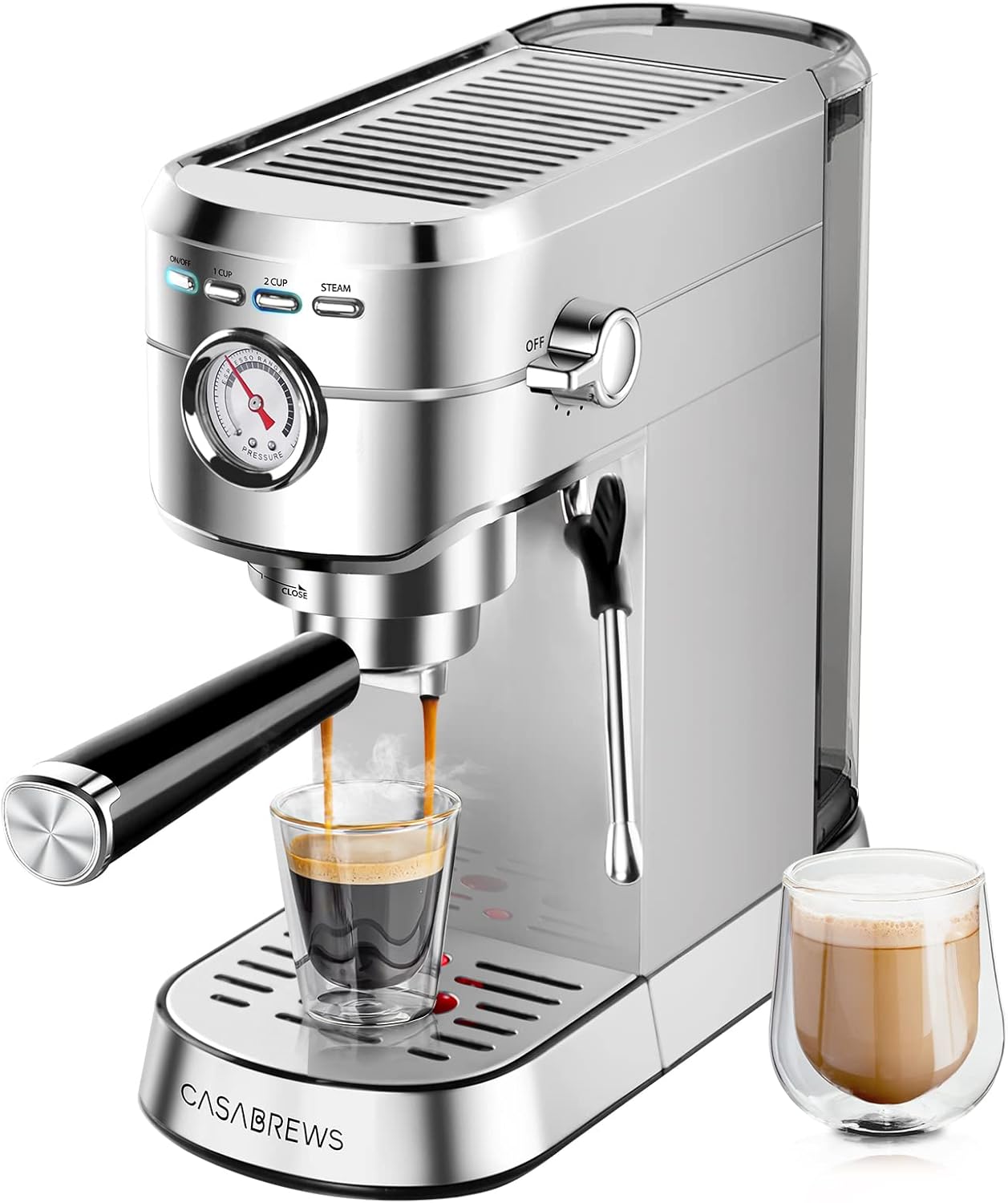 CASABREWS Espresso Siebträgermaschine 20 Bar, Edelstahl-Espressomaschine mit professionellem Milchaufschäumer, Klein Kaffeemaschine Espresso für Cappuccino, Latte & Macchiato, 1L Wassertank, Schwarz