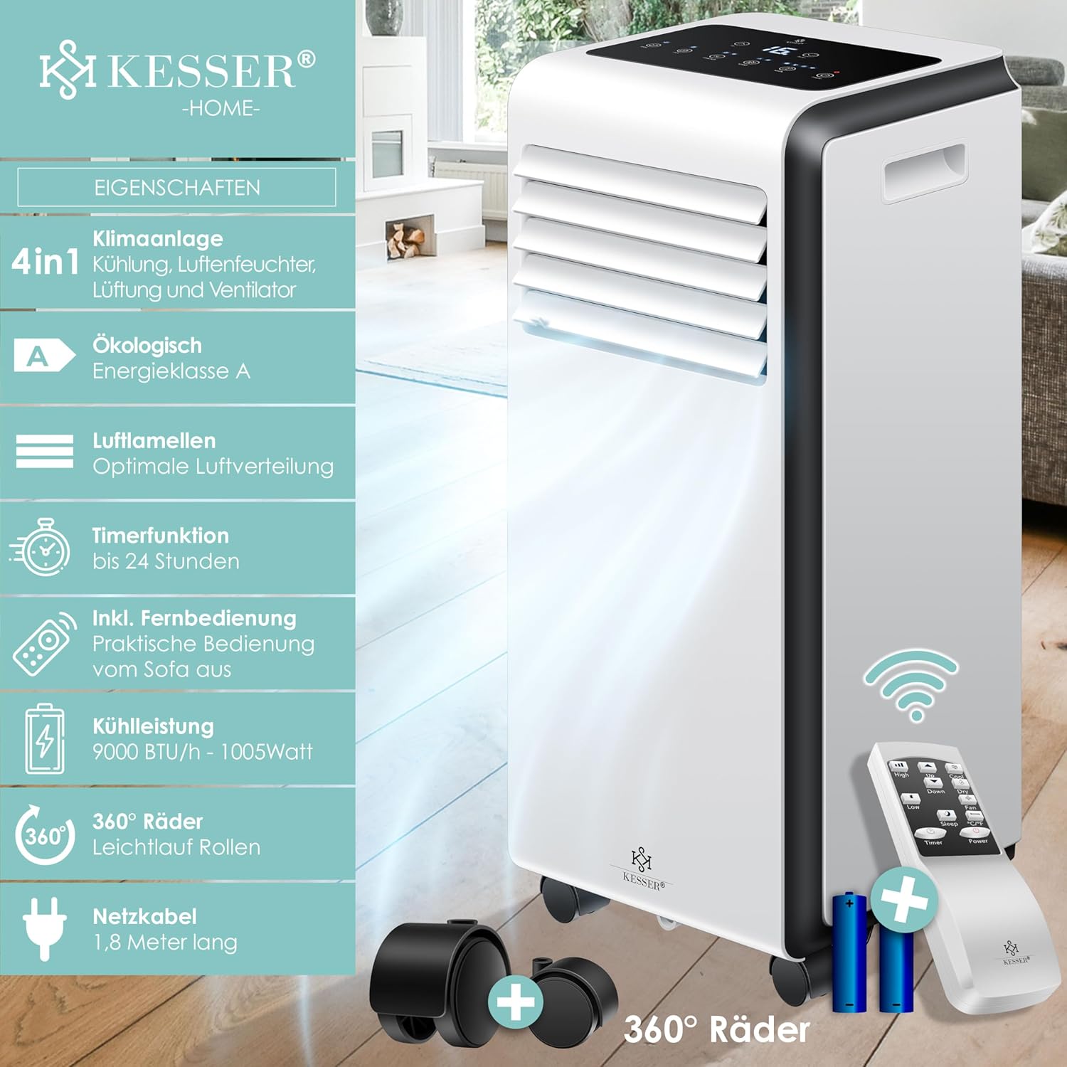 KESSER® Klimaanlage Mobiles Klimagerät 4in1 kühlen | Luftentfeuchter lüften | Ventilator 9000 BTU/h 1005W | Mobil Klima mit Montagematerial, Fernbedienung & Timer | Nachtmodus & 360° Rollen
