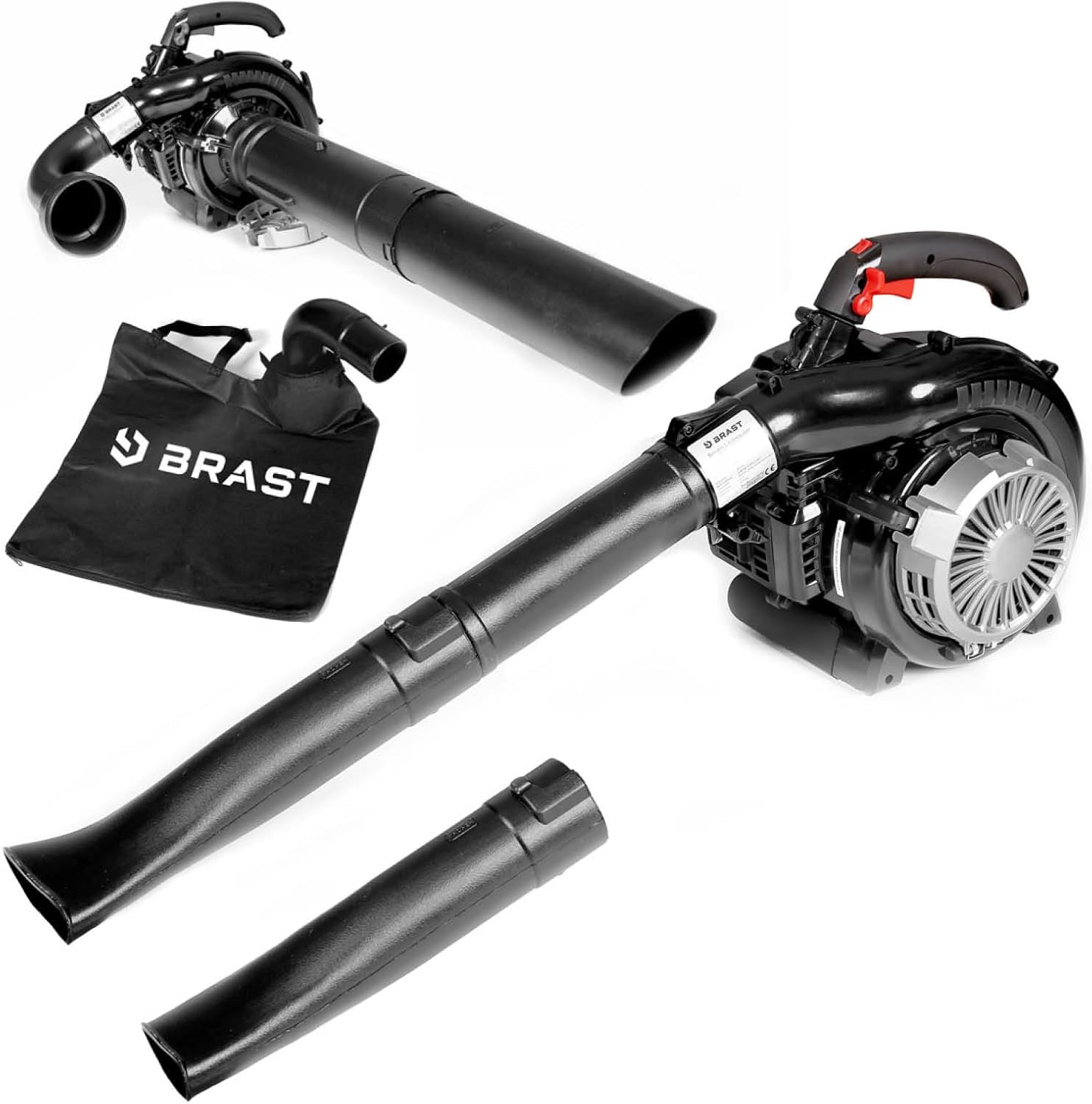 BRAST® Laubsauger Laubbläser Benzin 1,0kW(1,36PS) | 55L Fangsack | inkl. 2 Blasrohre, Schultergurt & Anti-Vibrationsgriff | 4in1 Funktion | Blasgeschwindigkeit 73 m/s