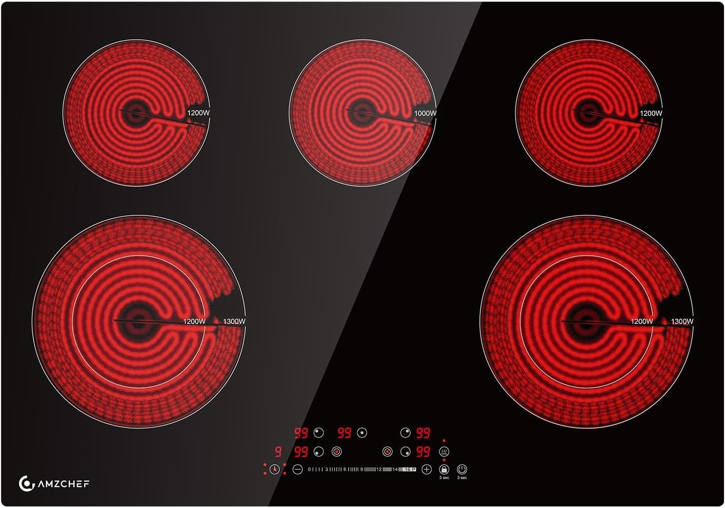 AMZCHEF Induktionskochfeld 5 Zonen Einbau Induktionskochplatte mit Booster und 9 Stufen, Pausenfunktion und warm halten, Induktion Kochfeld mit Slider-Steuerung, Multifunktions-Timer,7400W