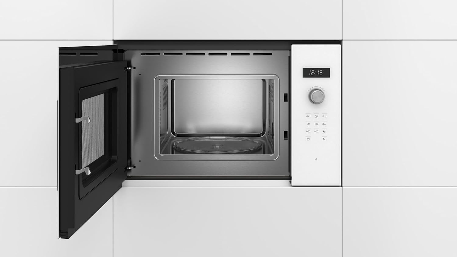 Bosch BFL524MW0 Serie 6 Einbau-Mikrowelle, 38 x 60 cm, 800 W, Drehteller 25,5 cm, Türanschlag Links, AutoPilot 7 7 Automatikprogramme, Reinigungsunterstützung, LED-Touchdisplay, Weiß