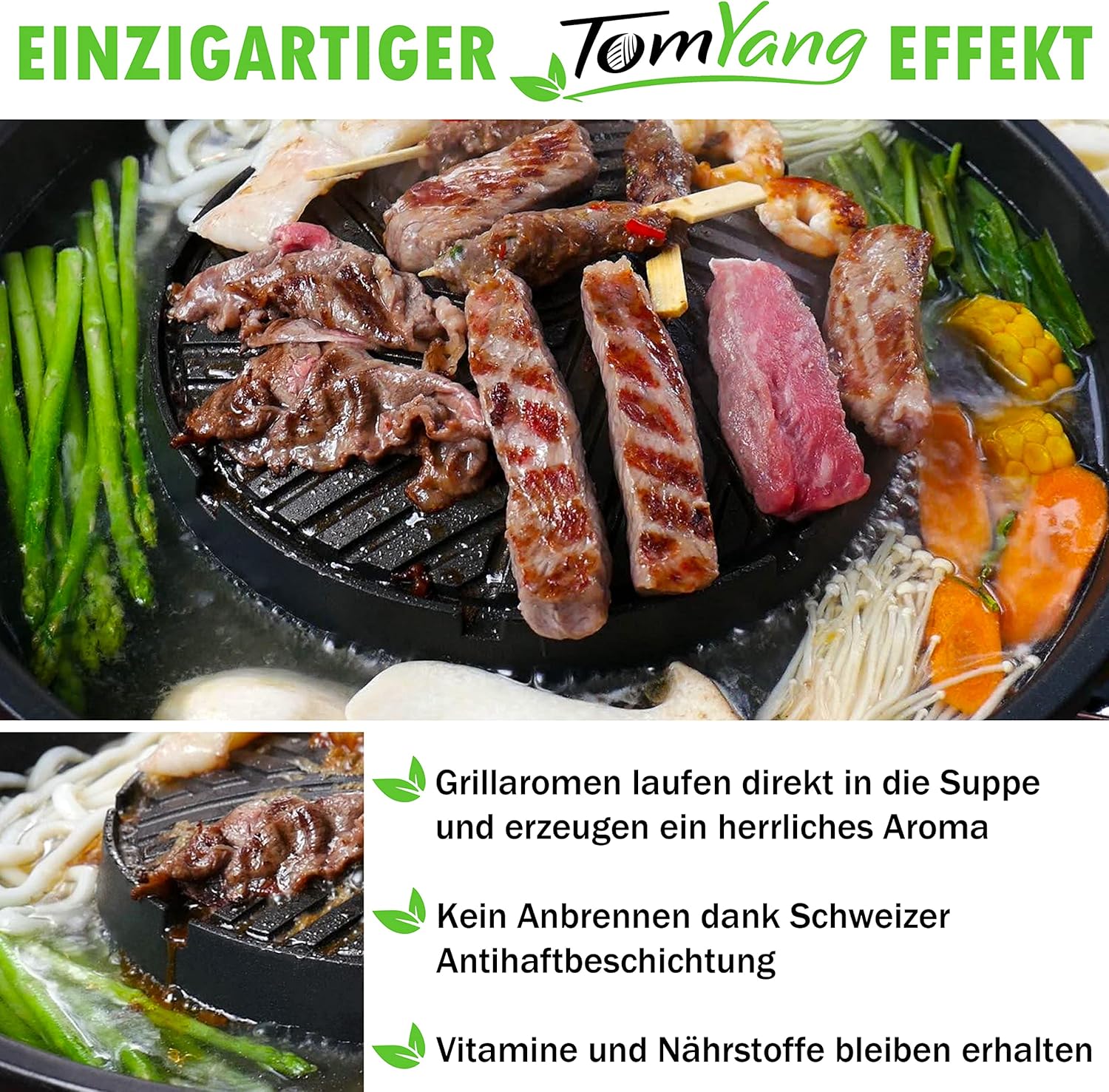 TomYang BBQ inkl. Premium Zubehör für 2 Personen - Original Thai Grill und Hot Pot. Die gesunde Schlankmacher-Küche aus Fernost als Tischgrill, Elektrogrill und Asia Fondue
