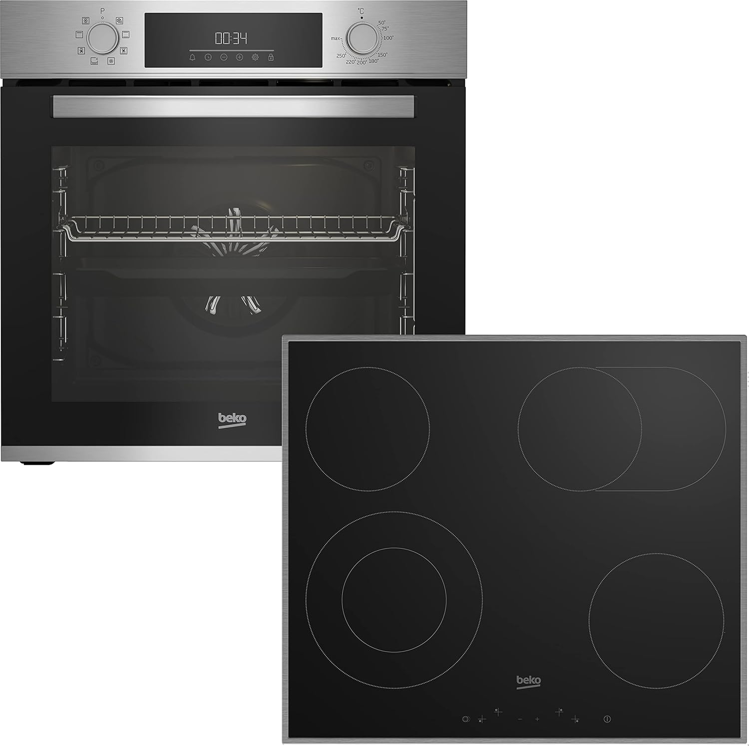 Beko BBSM12340X Einbau-Backofen-Set, zwei autarke Geräte: Induktionskochfeld mit 4 Kochzonen, Backofen mit 8 Heizarten, 72 l Garraum-Volumen, Kindersicherung, Sensortasten, Schwarz/Edelstahl