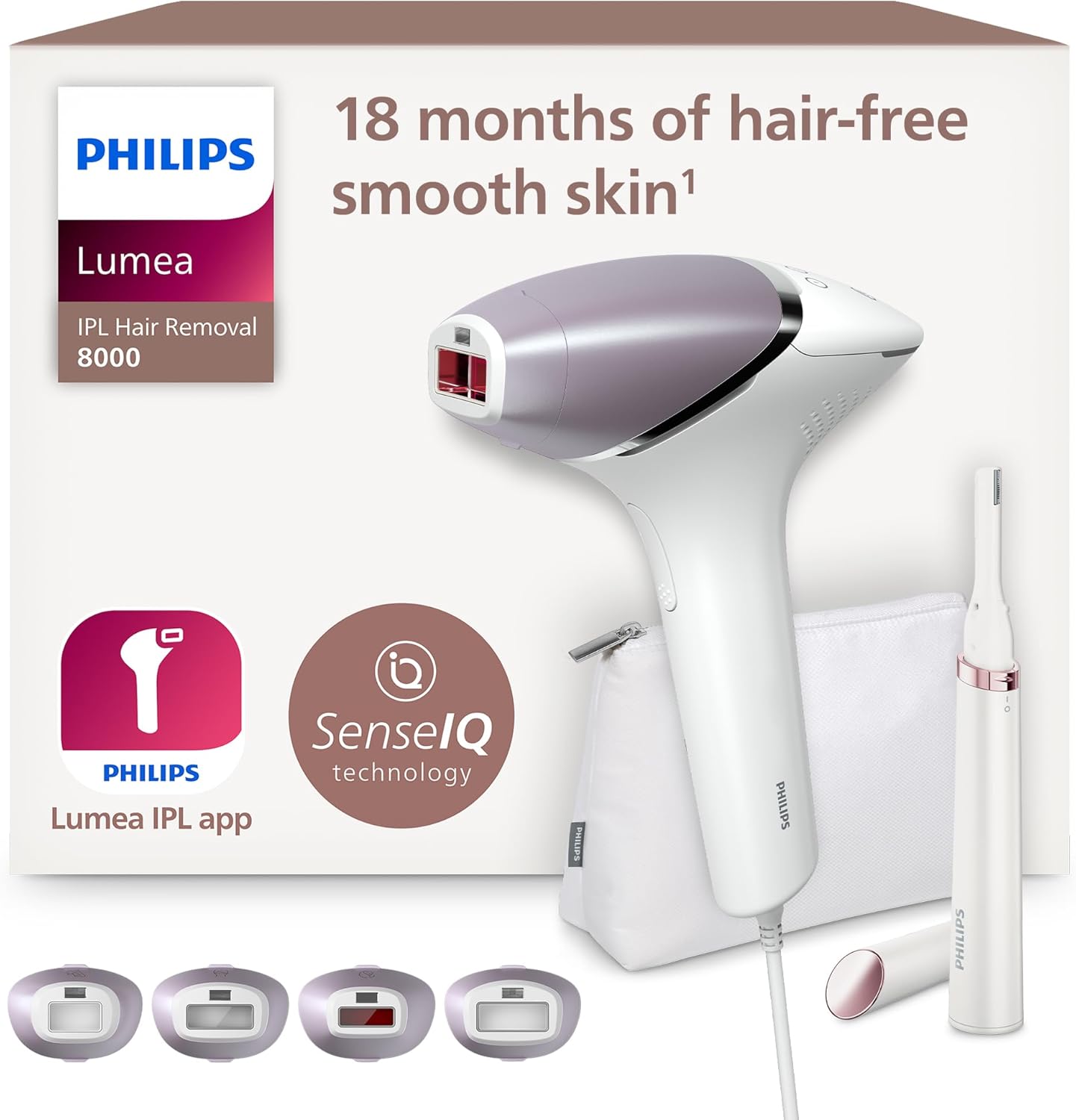 Philips Lumea IPL Haarentfernungsgerät 8000 Series – Haarentfernungsgerät mit SenseIQ Technologie, 4 Aufsätze und Satin Compact Korrekturtrimmer (Modell BRI949/00)