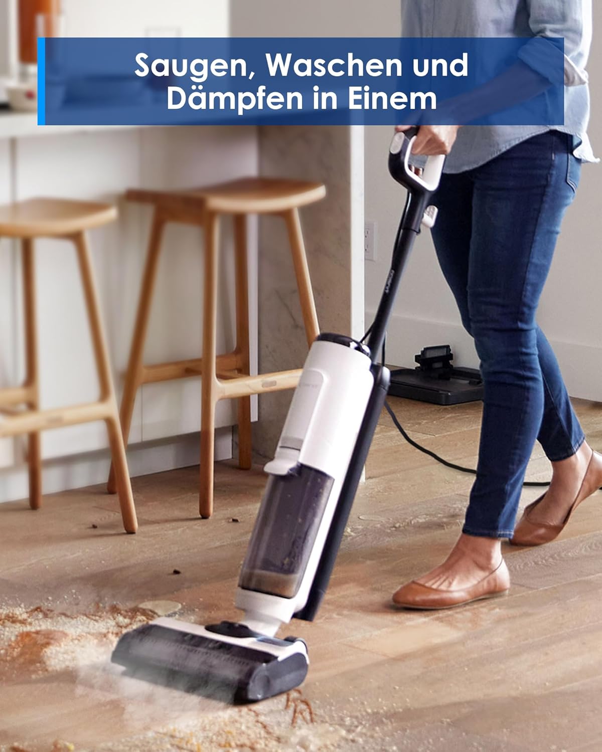 Tineco iFLOOR 5 Steam Nass Trockensauger, 120℃ Hochtemperatur-Dampf, Dampfreiniger mit Kabel, Selbstreinigung Nasssauger, Hartholz bodenreiniger für klebrige Verschmutzungen, Essensreste