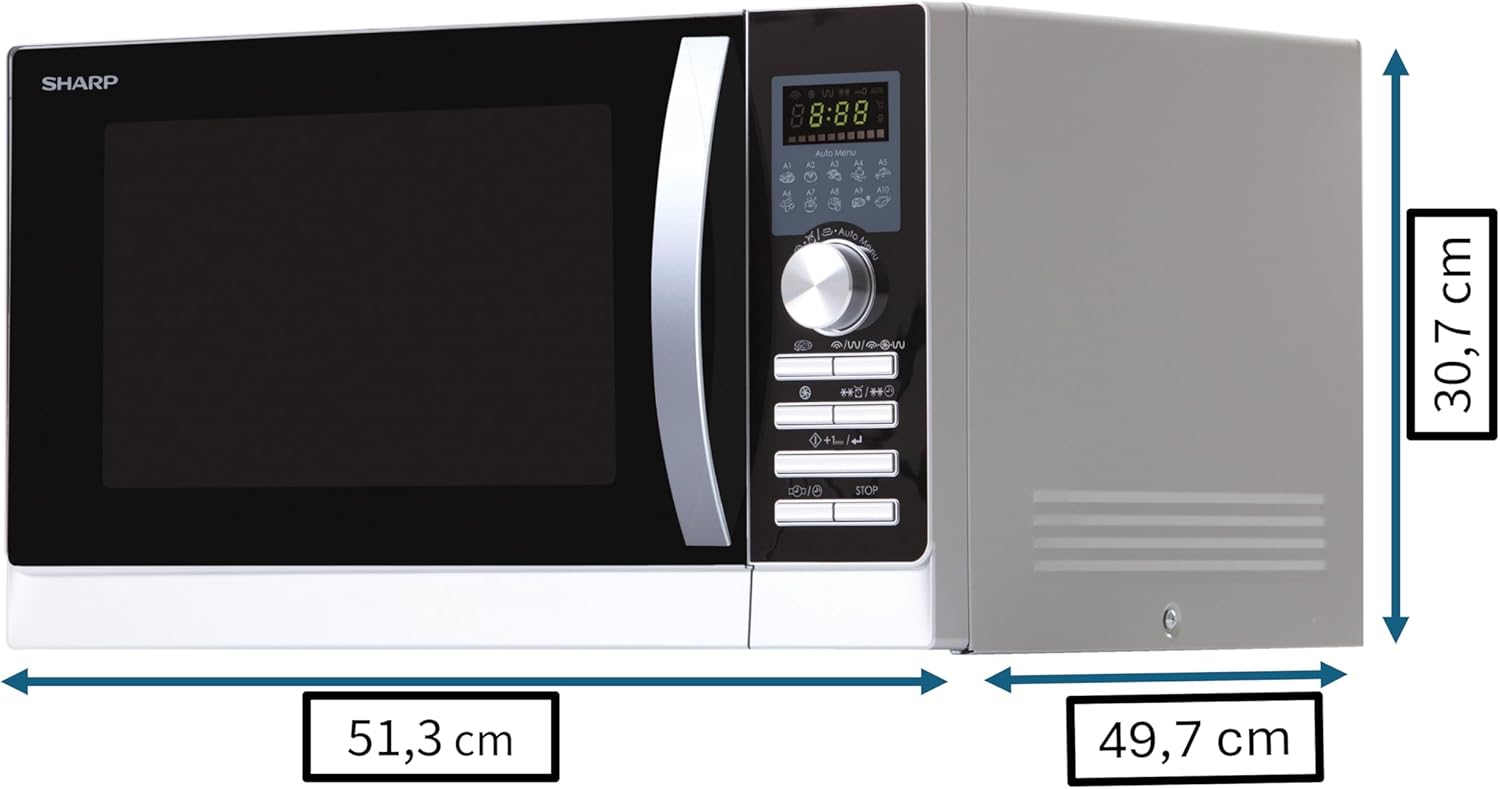 Sharp R843INW 4-in-1 Mikrowelle mit Heiluft, Grill und Konvektion/ 25 L/ 800 W/ 1000 W Infrarotgrill/ 2500 Konvection/ 10 Automatikprogramme/ Pizza-Programm/ Metalldrehteller (30 cm)/ silber