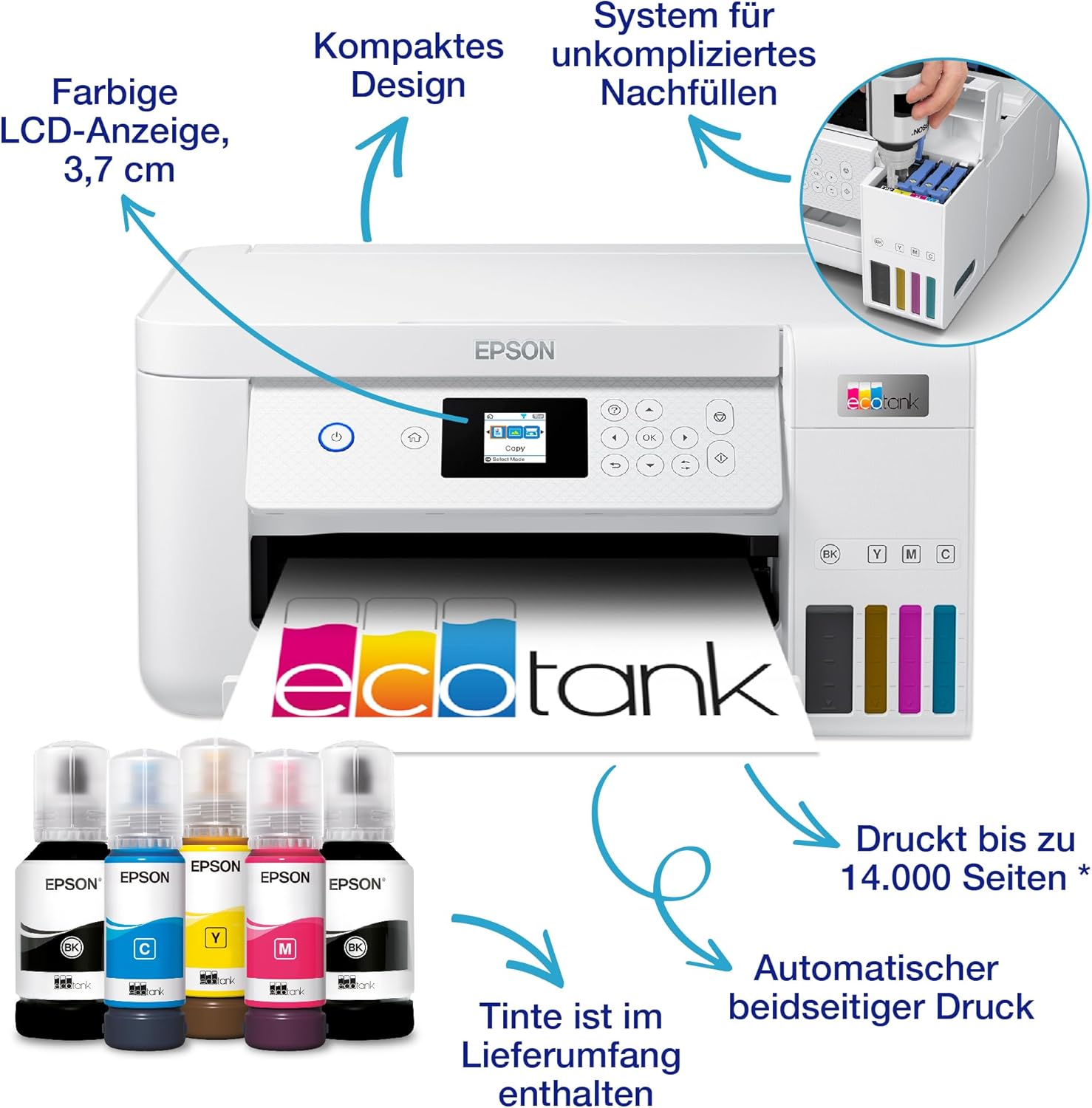 Epson EcoTank ET-2826 A4-Multifunktions-Wi-Fi-Tintentankdrucker, mit einem im Lieferumfang enthaltenen Vorrat an Tinten bis zu 3 Jahren