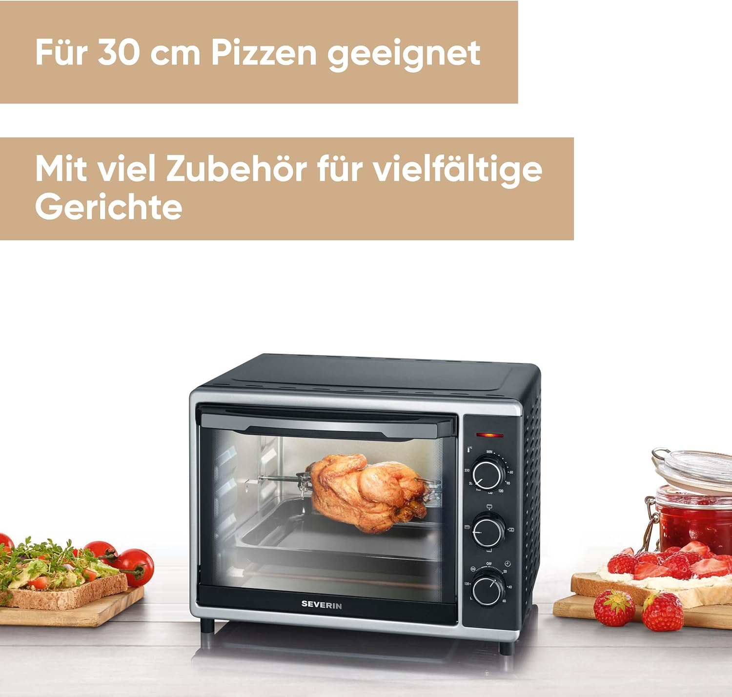 SEVERIN Back- und Toastofen mit Umluftfunktion, Mini Backofen mit Grillrost, Backblech, Drehspie und Pizzastein, vielseitiger Heiluftofen mit 42 L Kapazitt, 1.800 W, schwarz, TO 2058