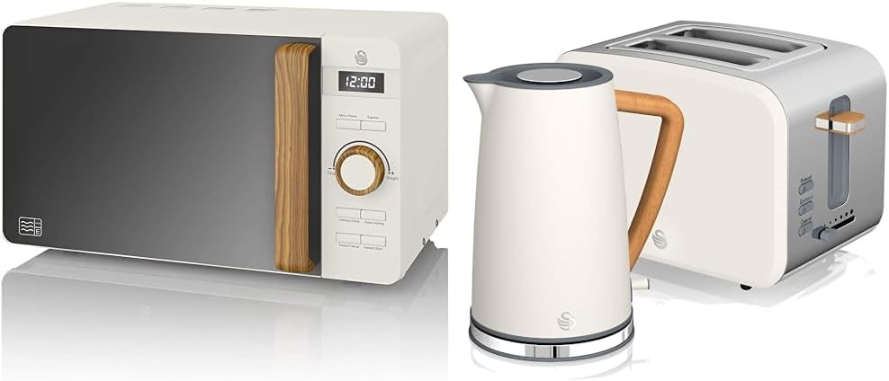 Swan Nordic 20 L digitaler Mikrowellenherd, 6 Leistungsstufen, 800 W Leistung, 30-Minuten-Timer, einfache Reinigung, Abtaumodus, modernes Design, Griff in Holzoptik, mattwei
