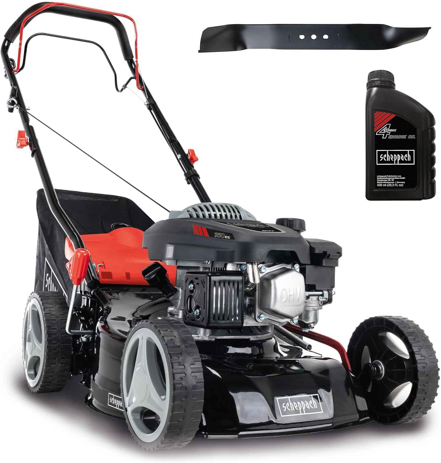 Scheppach Benzin Rasenmäher MS150-42 - 3,5PS | Schnittbreite 42cm | Radantrieb | Stahlgehäuse | Reinigungsfunktion | Mulchfunktion | 45 Liter Fangkorb | Höhenverstellung in 7 Stufen (25-75mm)