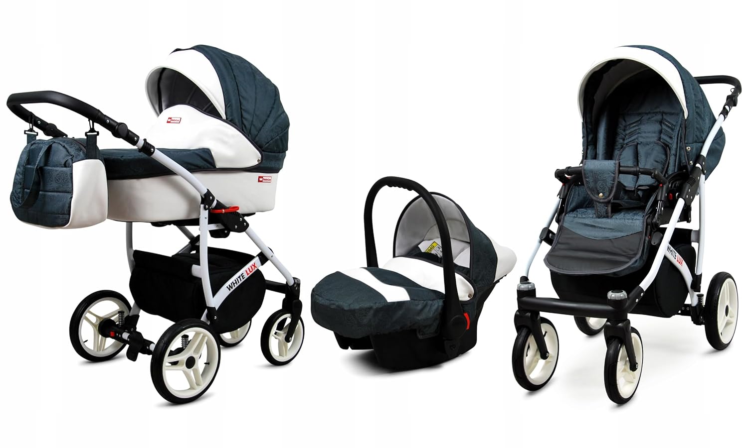 BabyLux® Bambimo Kinderwagen Set 3 in 1 - White Lux - incl. Babywanne, Buggy Sportsitz, Auto-Babyschale - Autositz - Kinderwagenset - Kombikinderwagen mit Wickeltasche, Regenschutz usw.