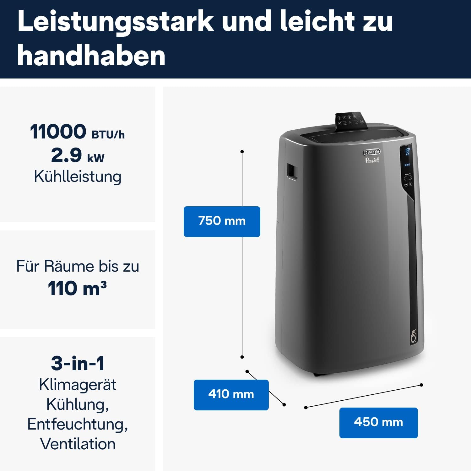 De'Longhi Pinguino PAC EL112 CST mobiles Klimagerät mit Abluftschlauch, Klimaanlage Für Räume bis 110 m³, Luftentfeuchter, Ventilationsfunktion, 24h-Timer, Schwarz