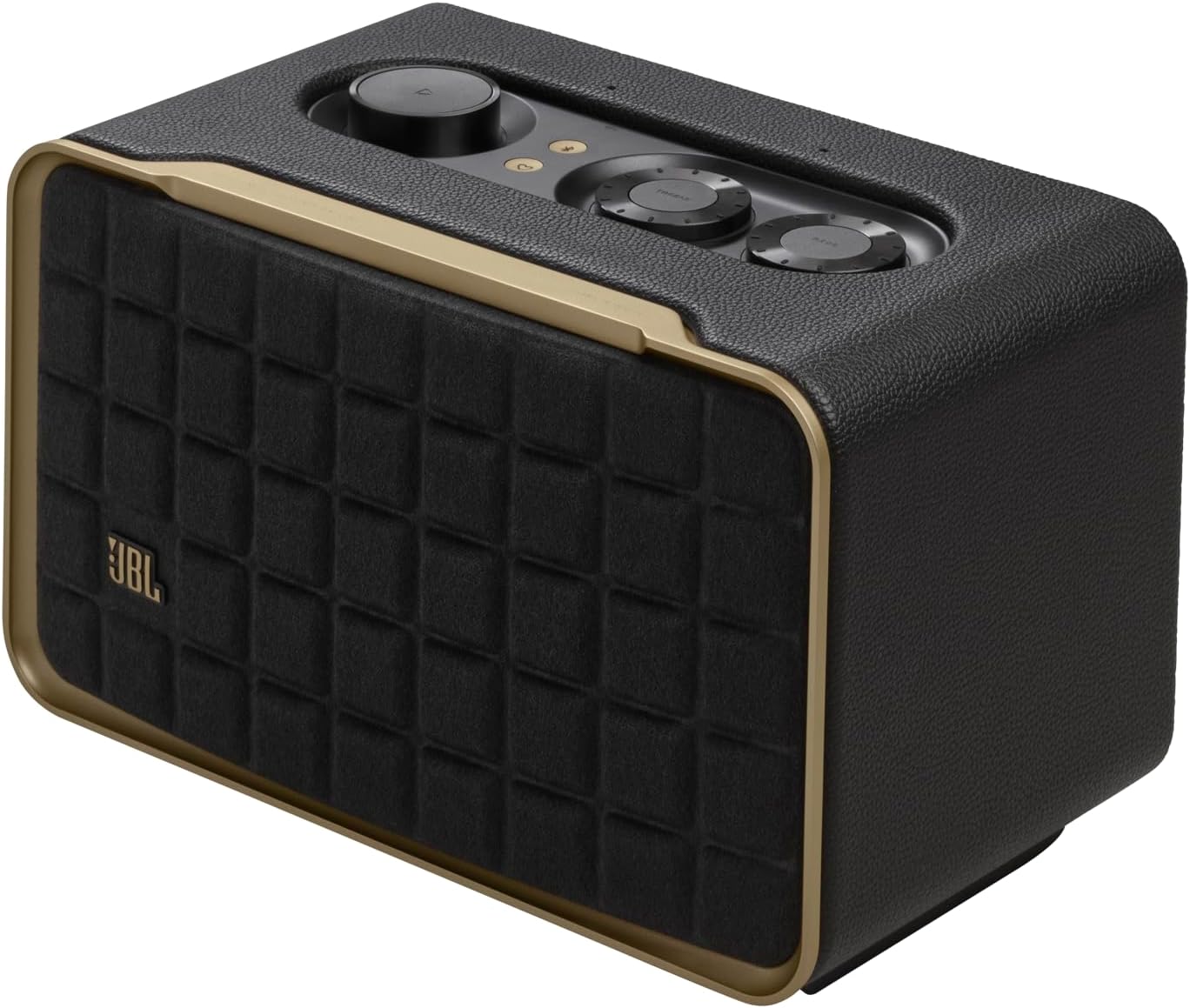 JBL Authentics 200 Smart Home Lautsprecher – 70er Jahre Retro-Design Bluetooth Box – Mit Quadrex Grill, Google Assistant, Alexa, AirPlay und JBL One App – Schwarz