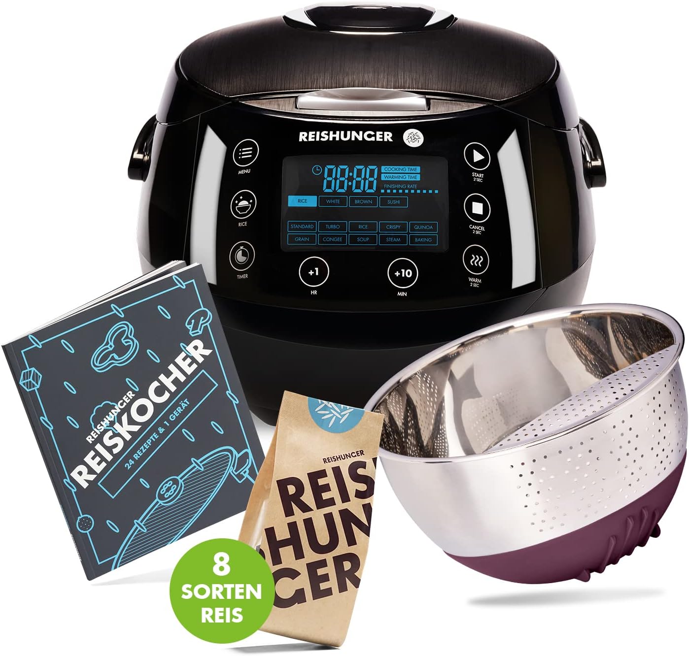 REISHUNGER Digitaler Reiskocher & Dampfgarer Schwarz | 1,5 L bis 8 Personen | Warmhaltefunktion, Timer & Premium Innentopf | Multikocher, 12 Programme, 7-Phasen-Technologie