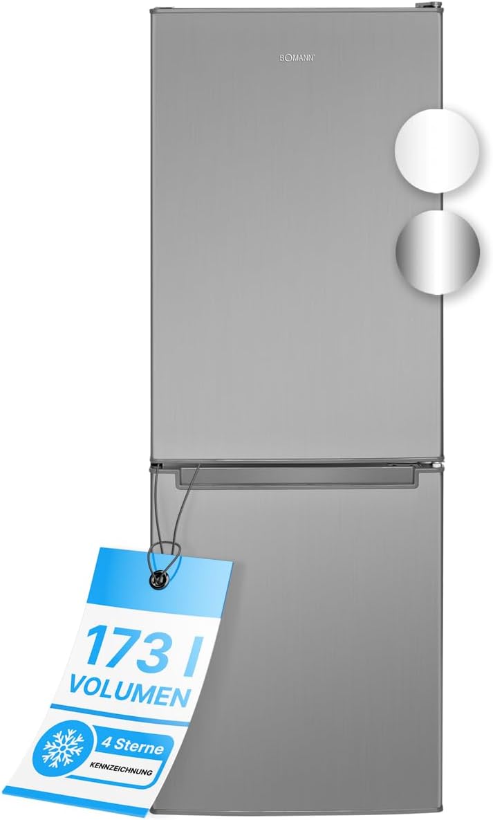 Bomann® Kühlschrank mit Gefrierfach 143cm hoch | Kühl Gefrierkombination 173L mit 3 Ablagen & 3 Schubladen | Türanschlag wechselbar | leise Kühlgefrierkombi 40db | Kühlschrank | KG 7331 inox