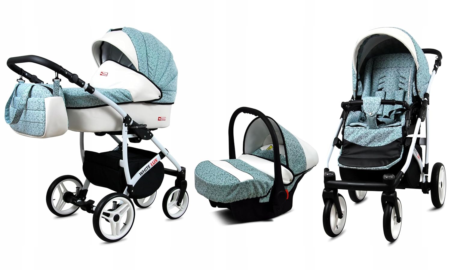BabyLux® Bambimo Kinderwagen Set 3 in 1 - White Lux - incl. Babywanne, Buggy Sportsitz, Auto-Babyschale - Autositz - Kinderwagenset - Kombikinderwagen mit Wickeltasche, Regenschutz usw.