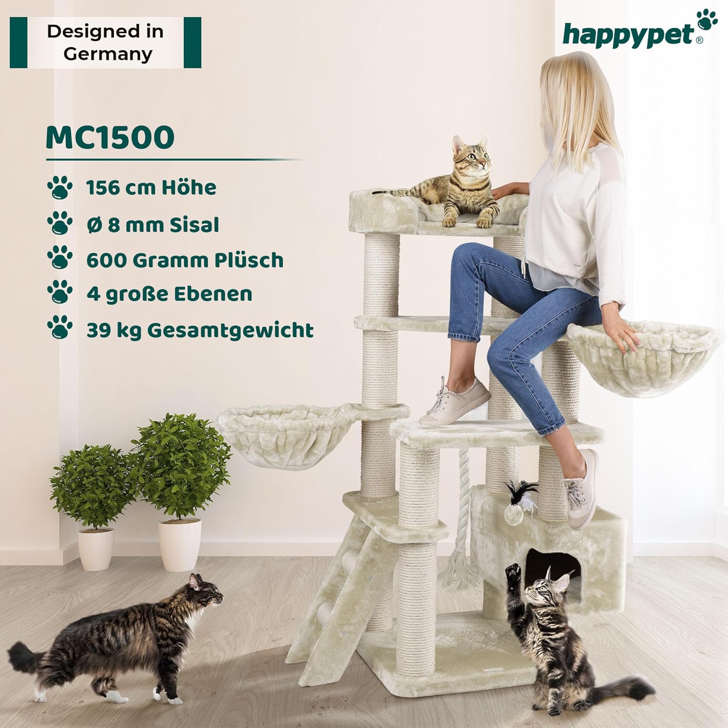 HAPPYPET Kratzbaum große Katzen XXL Jacob - Katzenbaum Deckenhoch, Stabil und Massiv mit Sisalsäulen und Dicker Bodenplatte, Ideal für Schwere Rassen