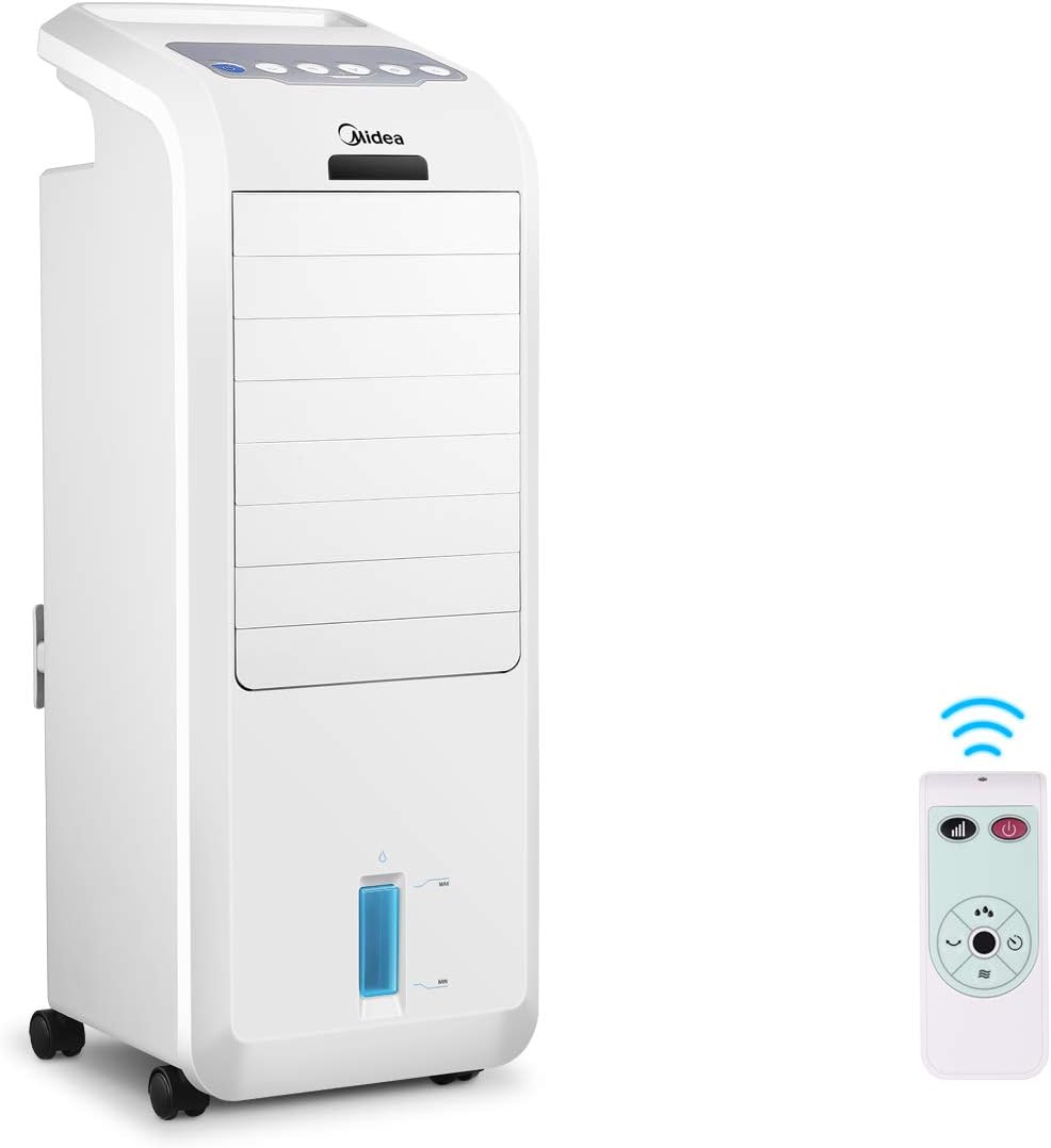 Midea Luftkühler mit Wasserkühlung, Klimaanlage Mobil, Ventilator mit 5L Wasserkühlung, Luftbefeuchter und Ionisation, Klimaanlage Ohne Abluftschlauch, 355m³/h, Ventilator mit Fernbedienung,55W,Weiß