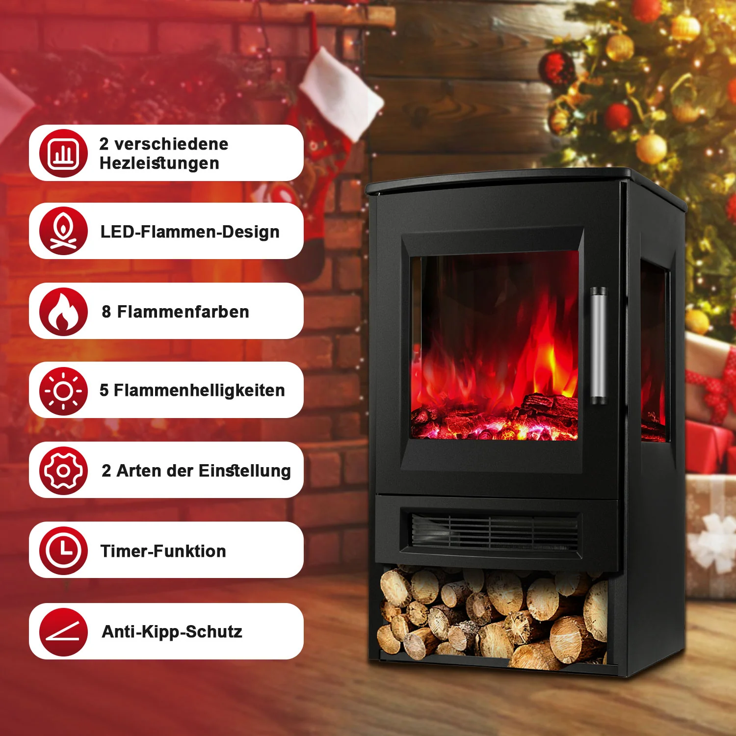 Sonnewelt Elektrokamin mit LED Flammenm WiFi Fernbedienung 900W/1800W