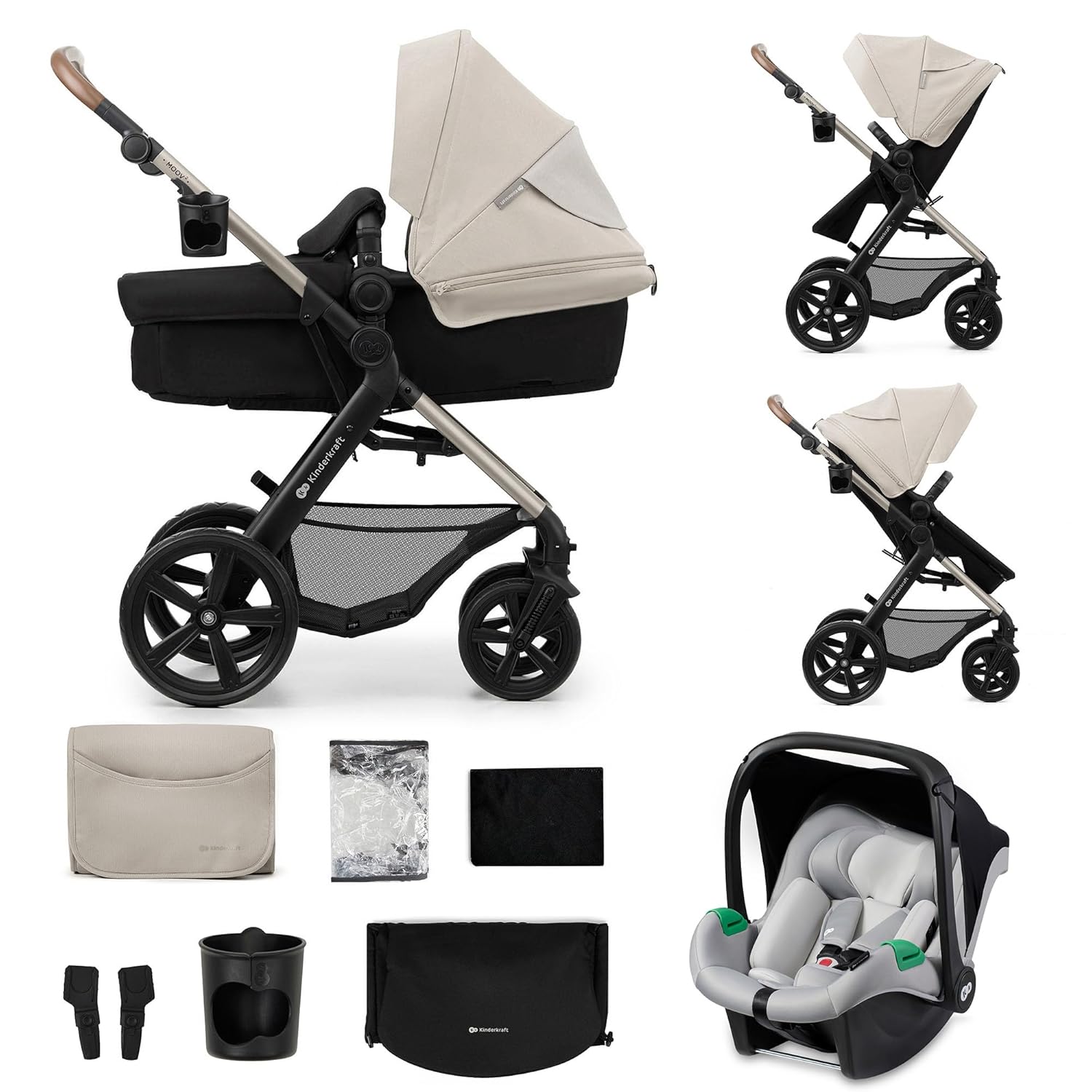 Kinderkraft MOOV2 AIR Kinderwagen 3 in 1 Kinderwagenset bis 26 kg mit Kindersitz I-SIZE 40-75 cm, Buggy Funktion, Liegeposition verstellbar, Große ausziehbare Verdeck, Aufblasbare Räder, Schwarz