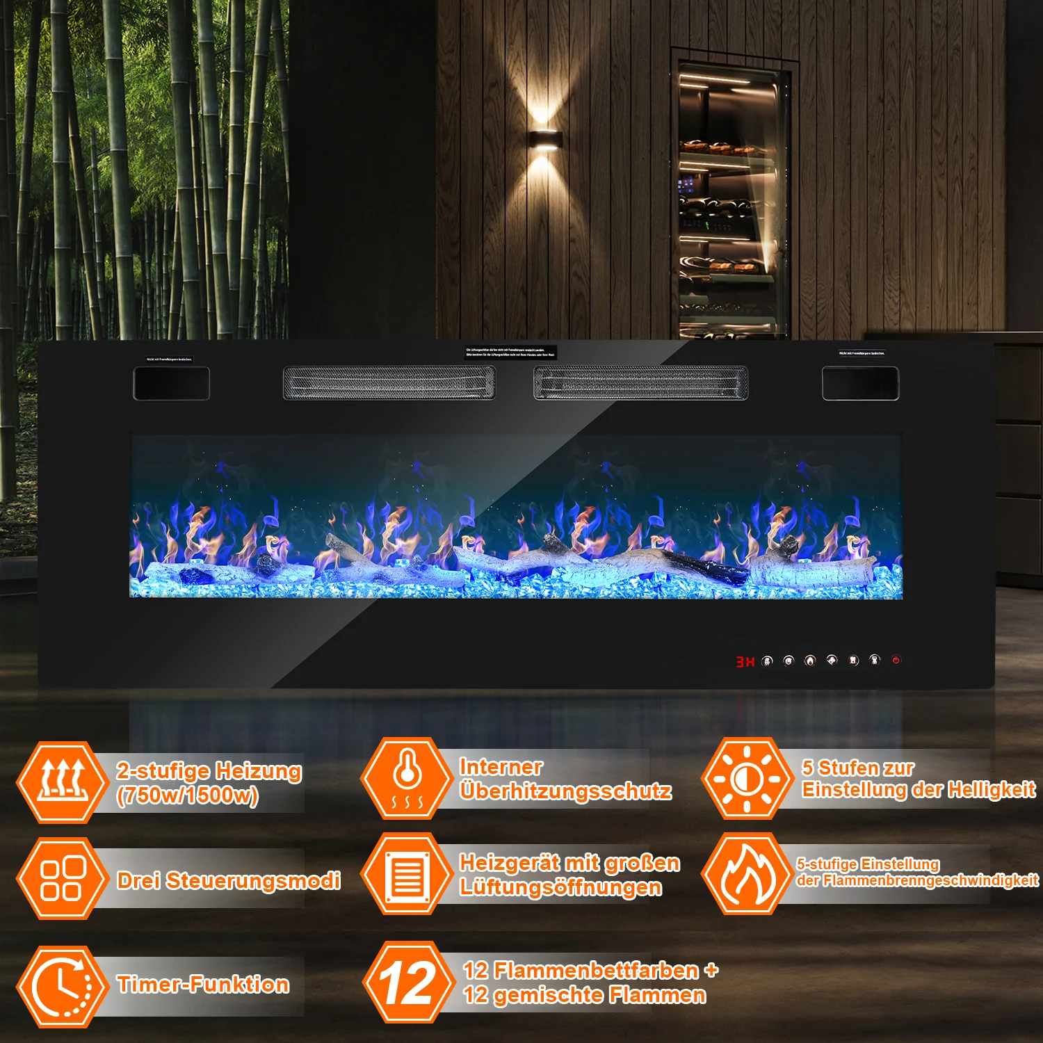 Sonnewelt Elektrokamin Wandkamin Einstellbarer Thermostat 750w/1500w
