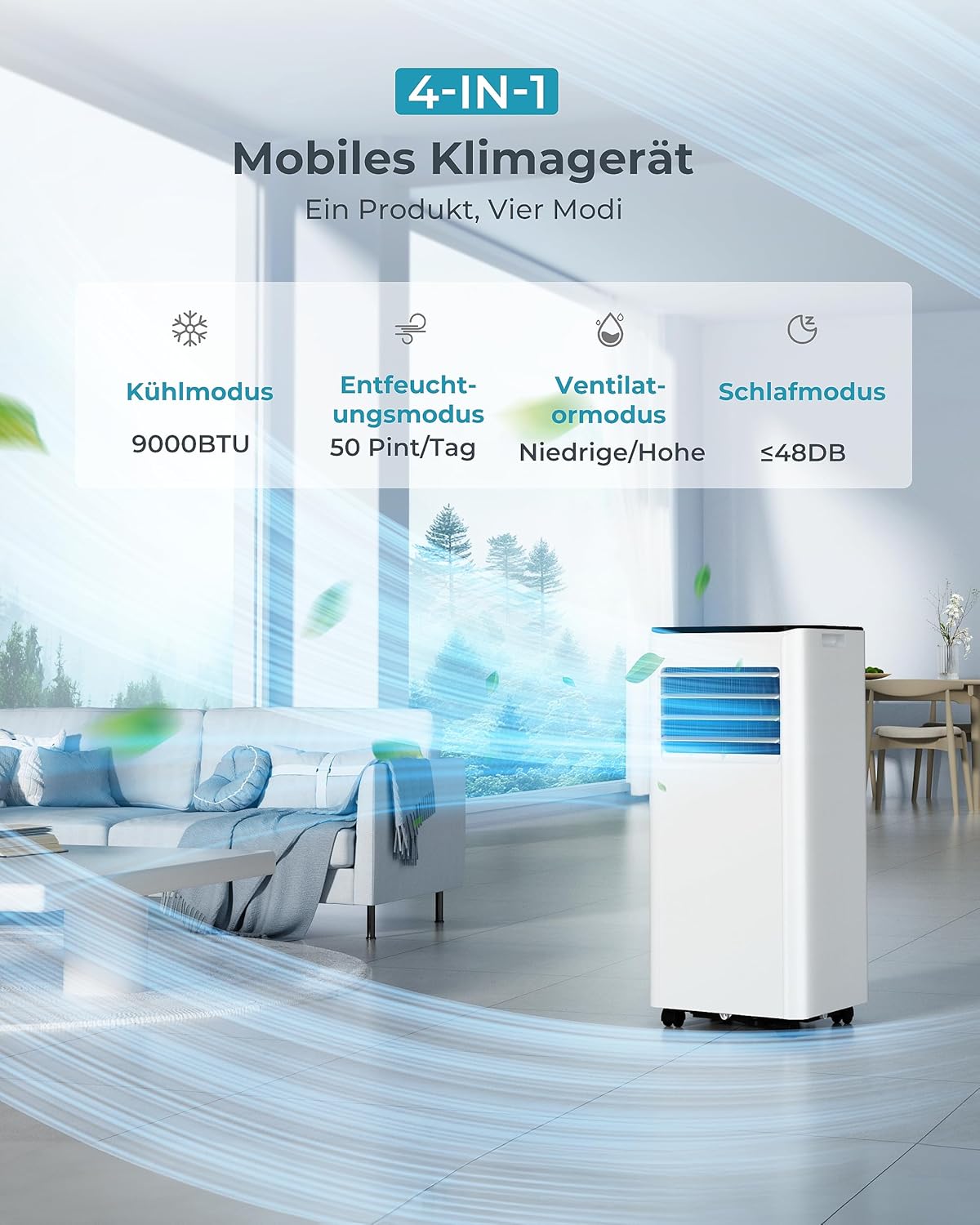 Mobile Klimaanlage 9000 BTU mit Abluftschlauch | 4-in-1 Mobiles Klimagerät | Leiser Betrieb