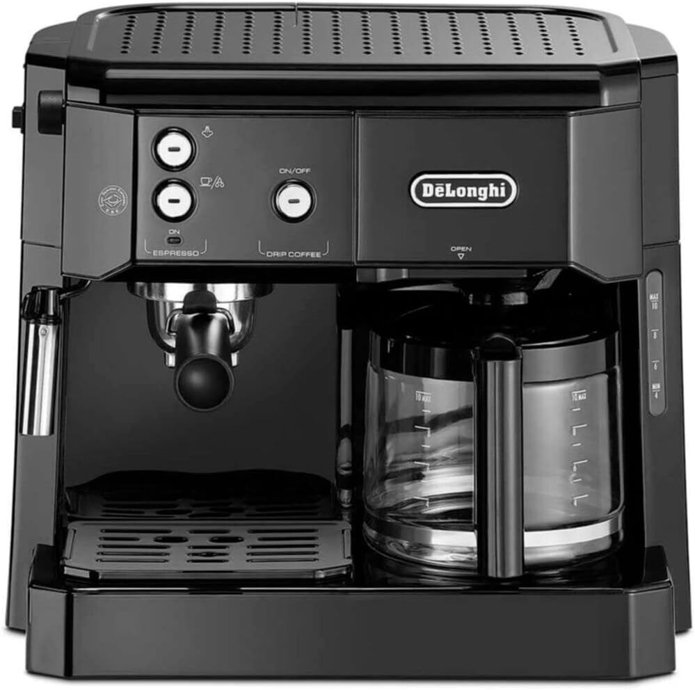 De'Longhi Kombikaffeemaschine BCO 421.S – Kaffeemaschine mit Espresso-Siebträger und Filterkaffee-Funktion inkl. Milchaufschäumdüse, Glaskanne & Wasserfilter-System, 1 l, Edelstahl/Schwarz, single