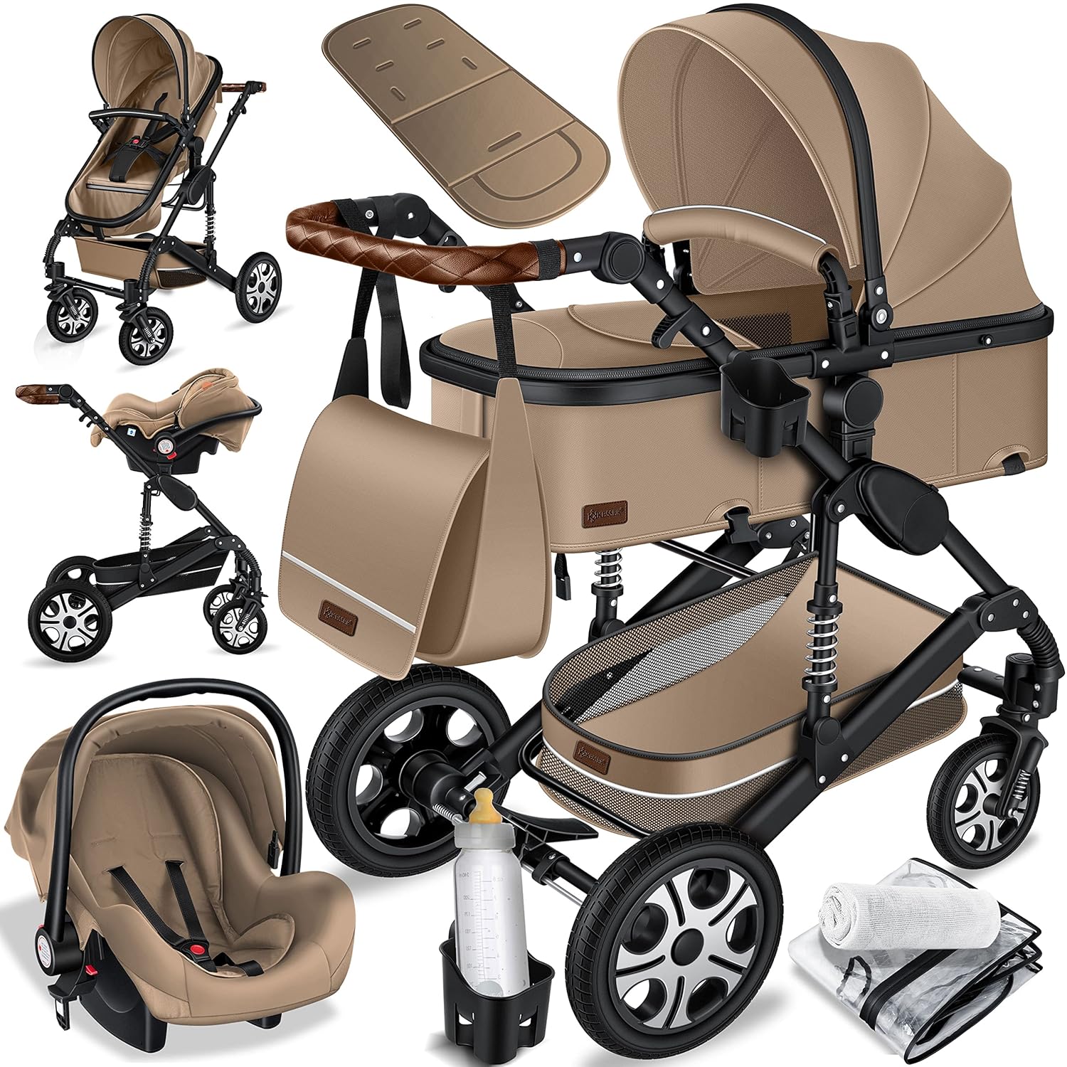 KESSER® Loops 3 in 1 Kinderwagen Kombikinderwagen Komplett-Set inkl. Babywanne & Buggy Sportsitz & Auto-Babyschale Voll-Gummireifen Wickeltasche Regenschutz Kindertisch ECE R129, Schwarz/Champagne